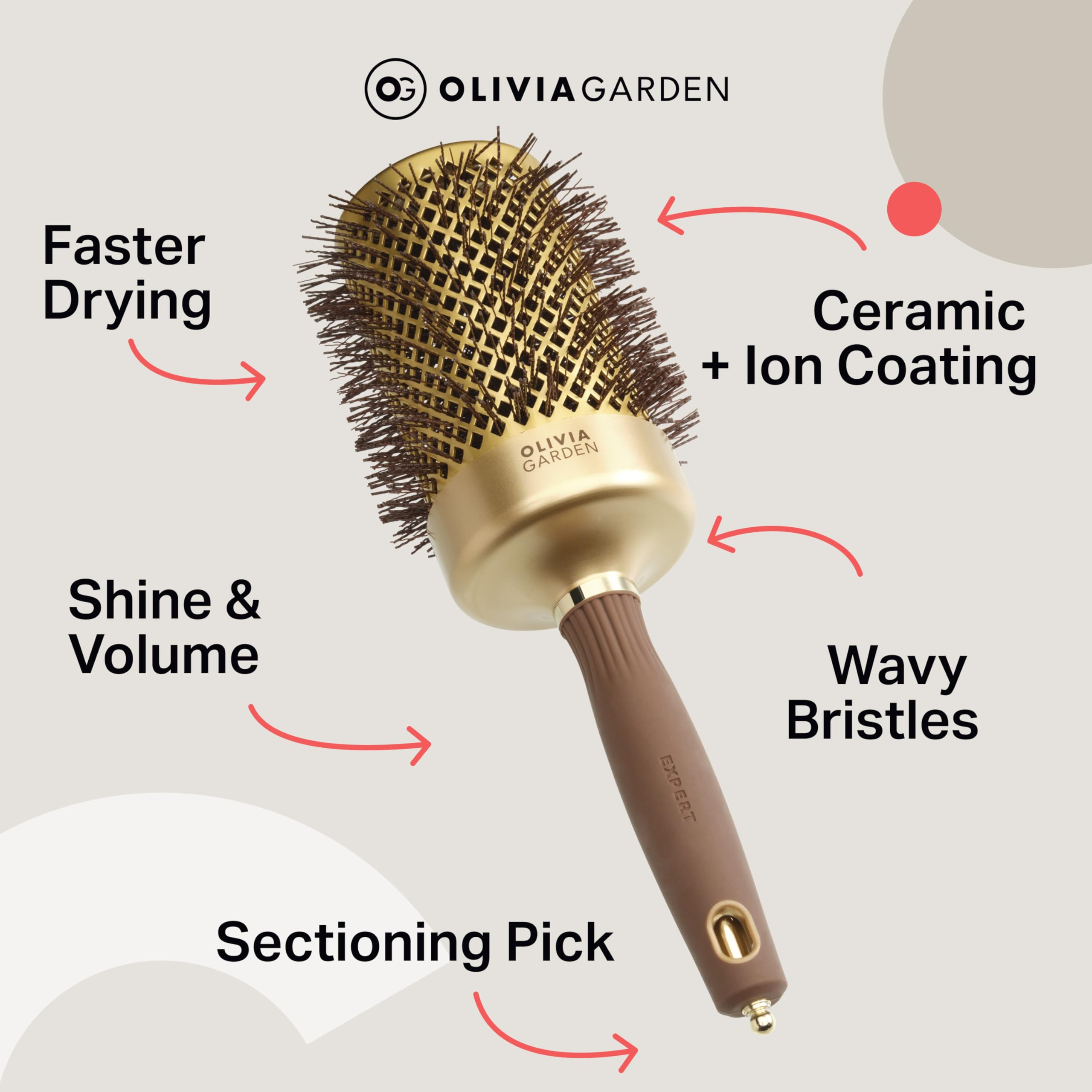 Olivia Garden Expert Blowout Shine Ceramic Round Hair Brush - Gold & Brown - 65mm for Smooth Blowout, Frizz-Free Hair & Radiant Shine - Perfect for Salon-Quality Styling at Home