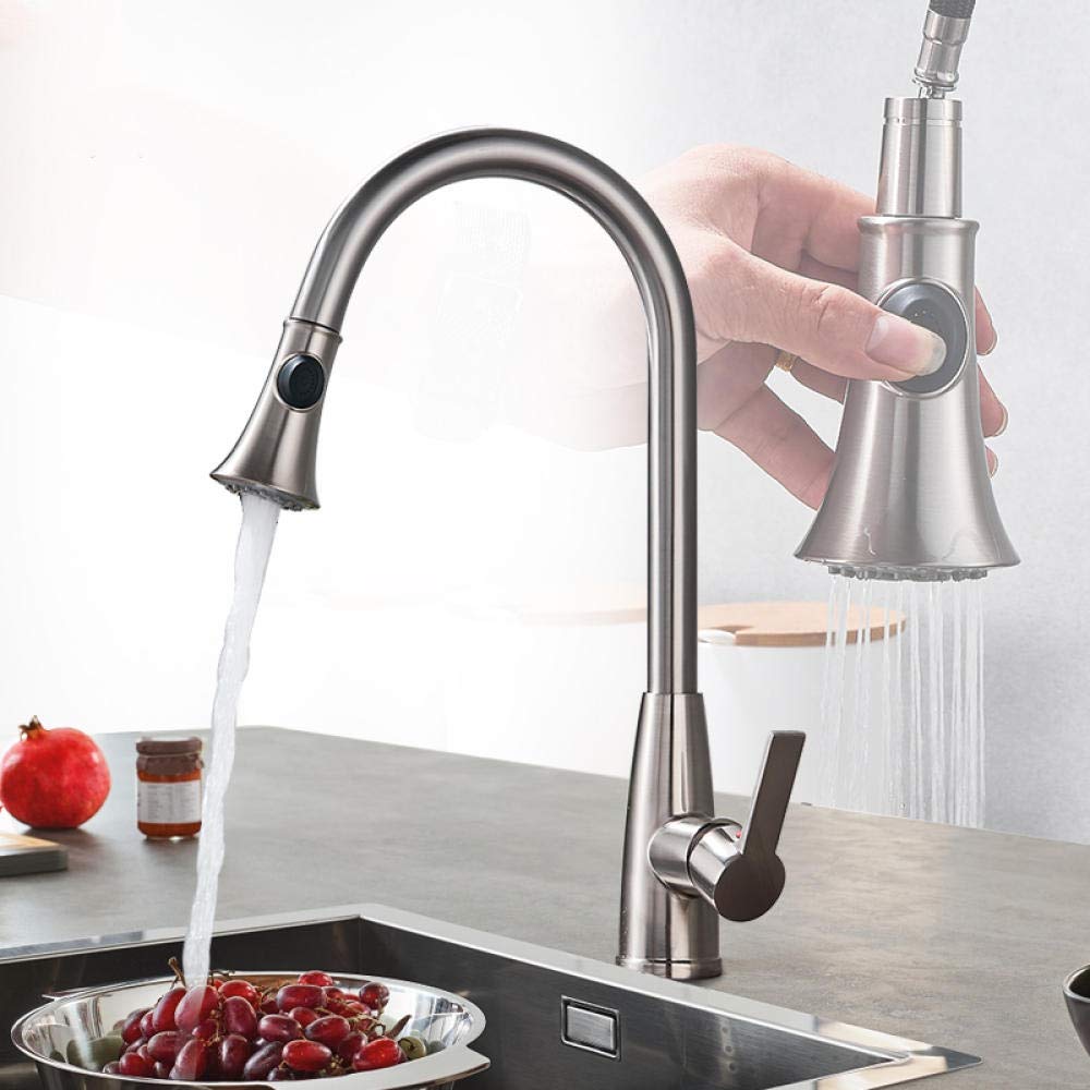 Lead-Free Brushed Nickel Kitchen Faucet with Pull-Out Spray - 2-Function Water Outlet Mixer Tap for Modern Kitchens | Perfect for Washing Dishes & Filling Pots
