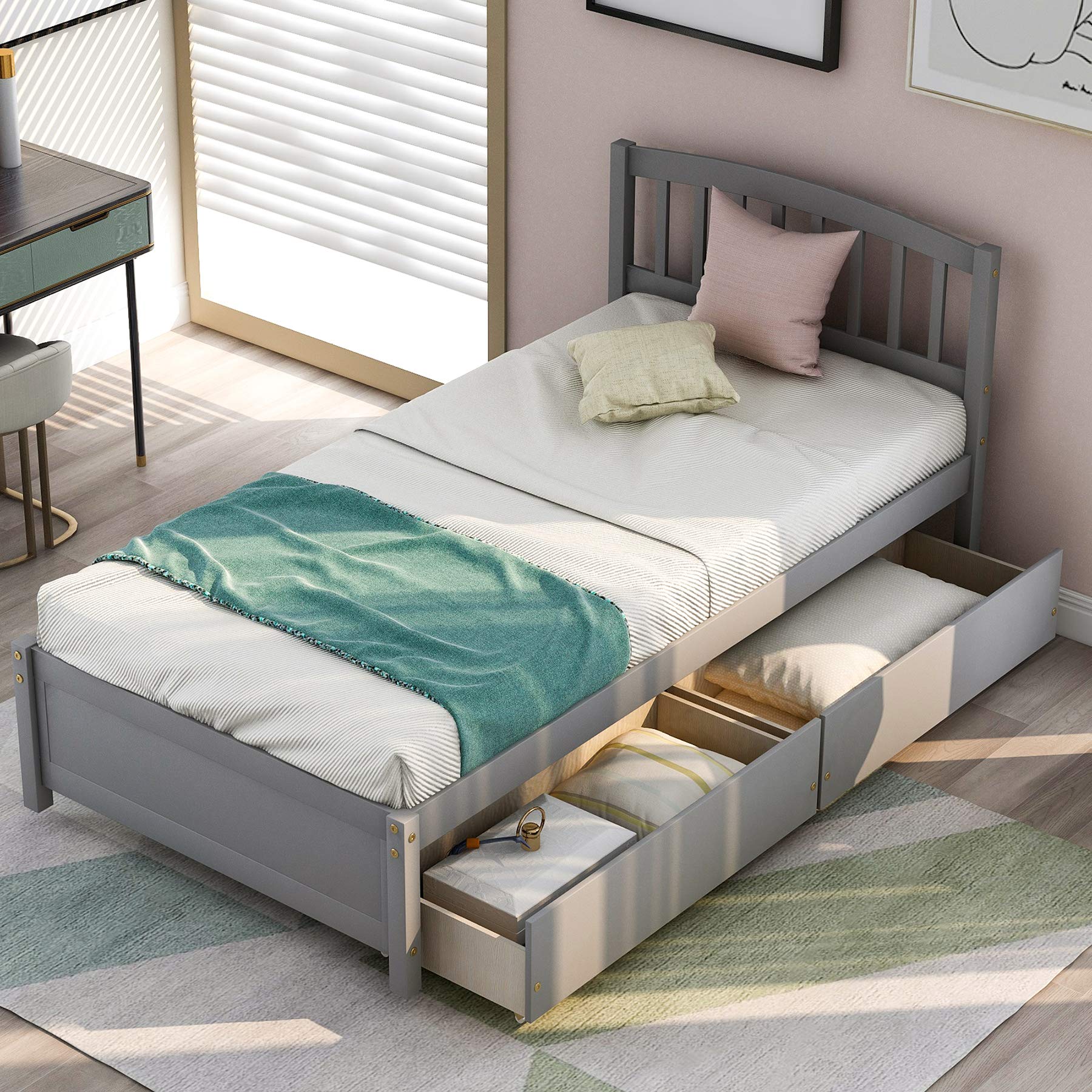 P PURLOVE Twin Size Wooden Storage Bed Frame with 2 Drawers & Headboard - Space Saving Platform Bed for Small Bedroom, Gray - Perfect for Kids Room, Guest Room or Studio Apartment