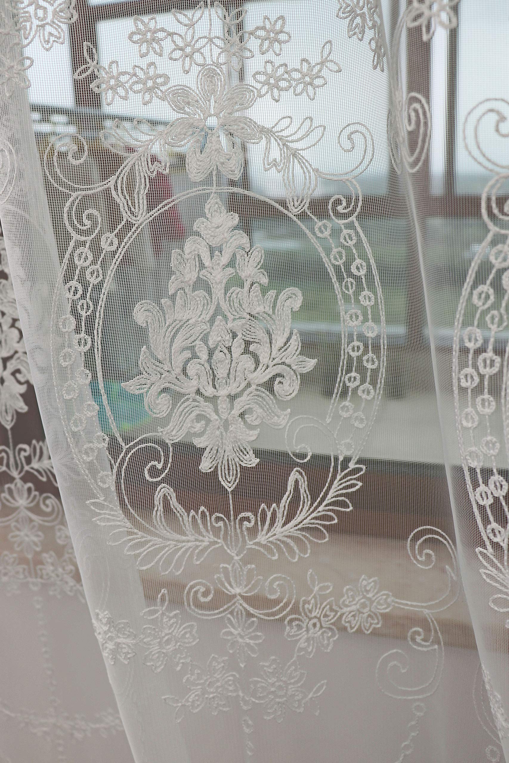 SLOW SOUL 2 Panels White Sheer Embroidered Curtains - European Style Floral Tulle Window Drapes for Living Room & Bedroom, Rod Pocket Design, 54W x 63L Inches - Perfect for Soft Lighting & Romantic Home Decor