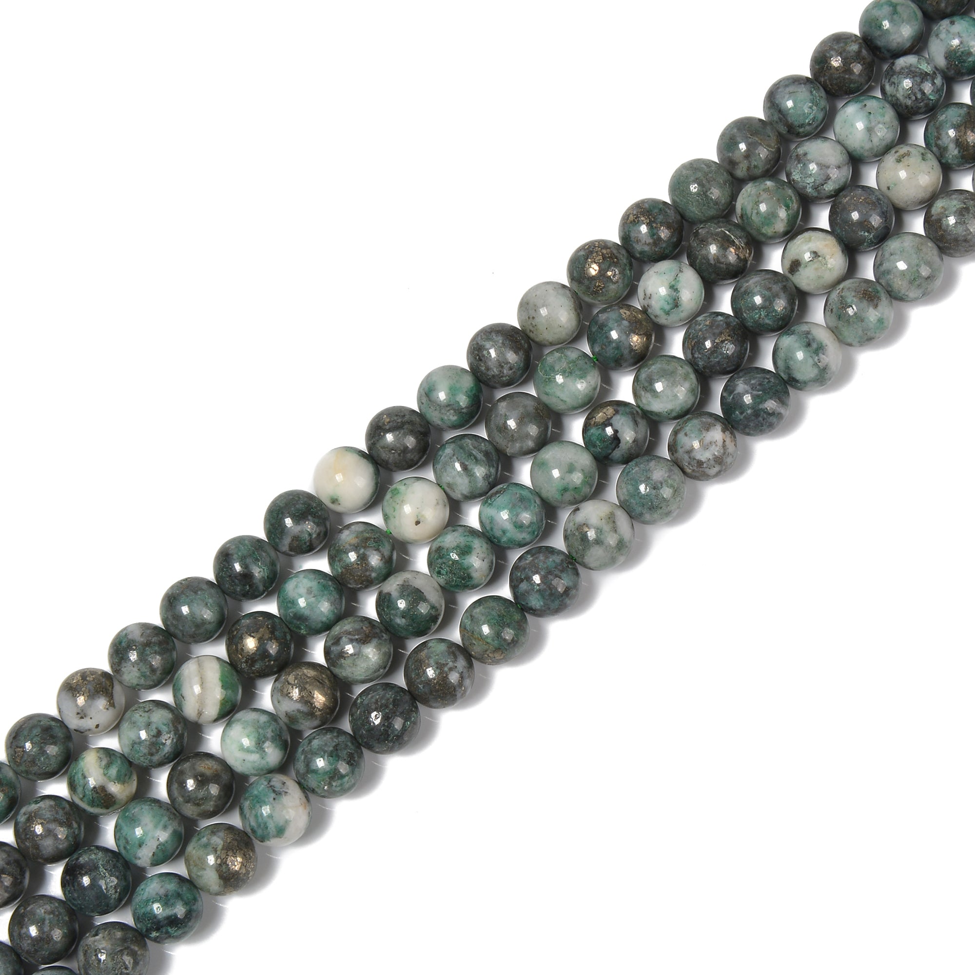 Natural Green Jade & Pyrite Beads Strand - 6mm, 8mm, 10mm Smooth Round Gemstone Beads for Jewelry Making - 15.5