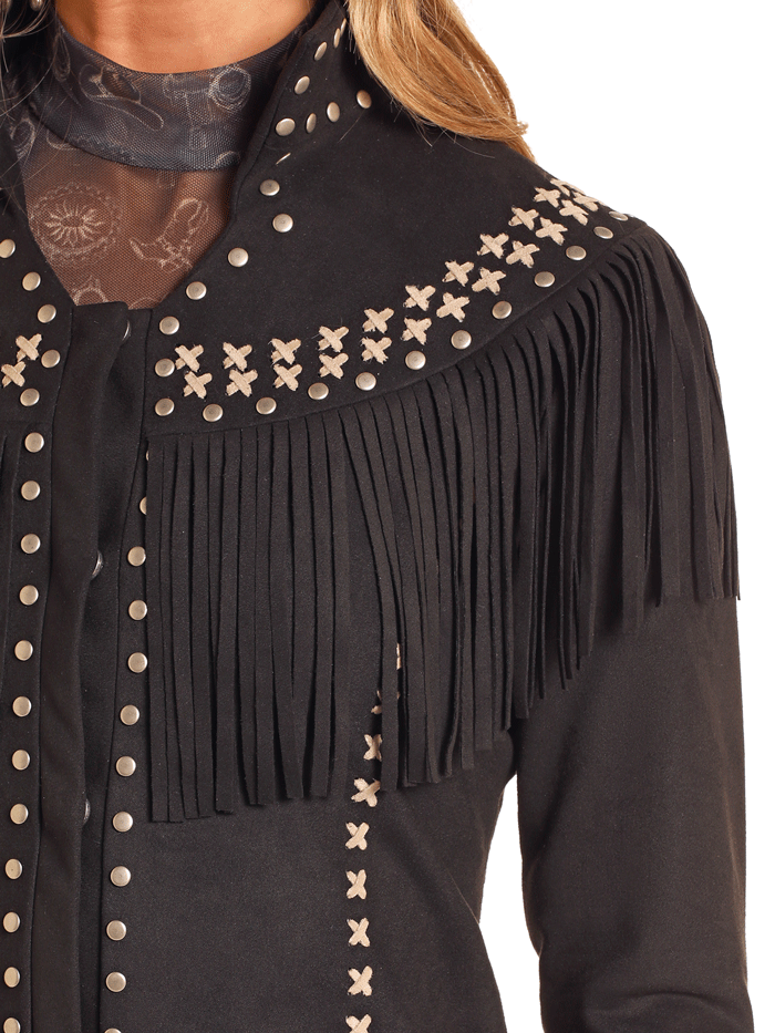 Women's Micro Suede Fringe Jacket - Panhandle DW92C04156 Black Western Style Coat for Casual Outings & Country Music Festivals