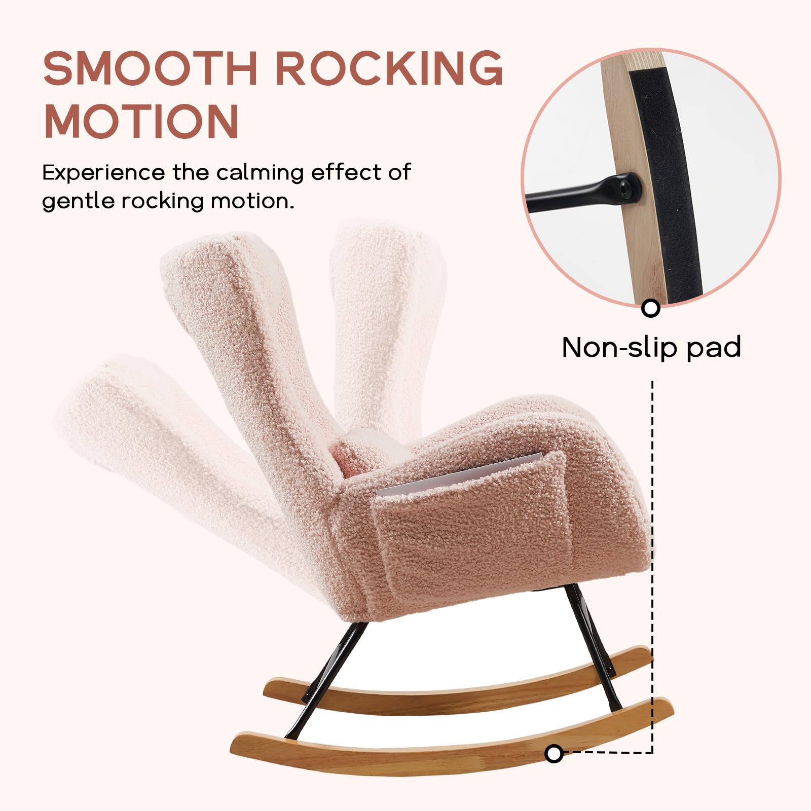 NIOIIKIT Nursery Rocking Chair - Soft Teddy Upholstered Glider Rocker with Adjustable Headrest & Lumbar Support Pillow, High Back Accent Chair with Side Pocket - Comfortable Armchair for Living Room, Nursery, Bedroom (Pink) | Perfect for Breastfeeding, Reading & Relaxing