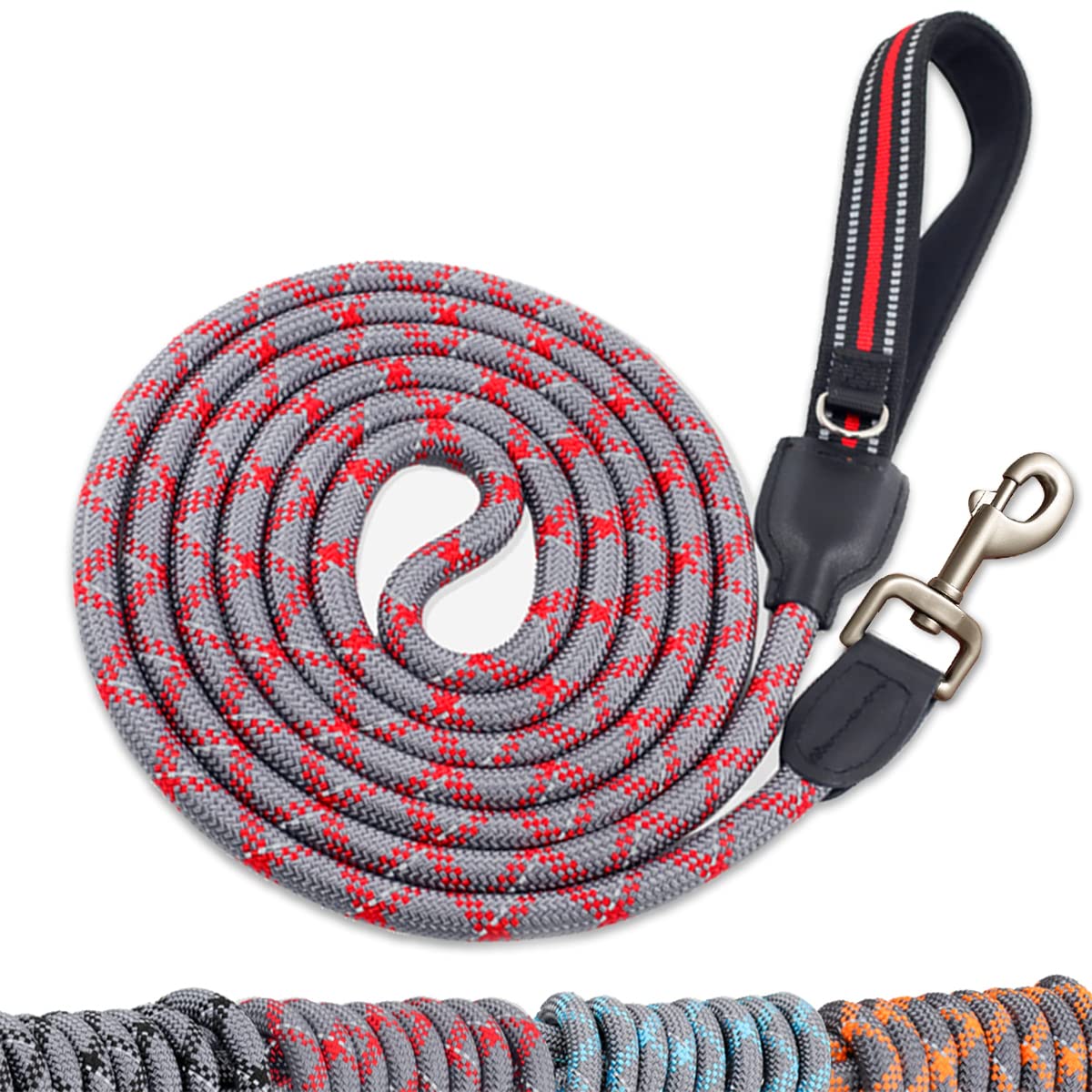 JSXD Heavy Duty 5FT Double Handle Dog Leash with Comfortable Padded Grip & Reflective Rope - Durable Pet Leash for Small, Medium & Large Dogs - Perfect for Walking, Running, Training & Nighttime Safety