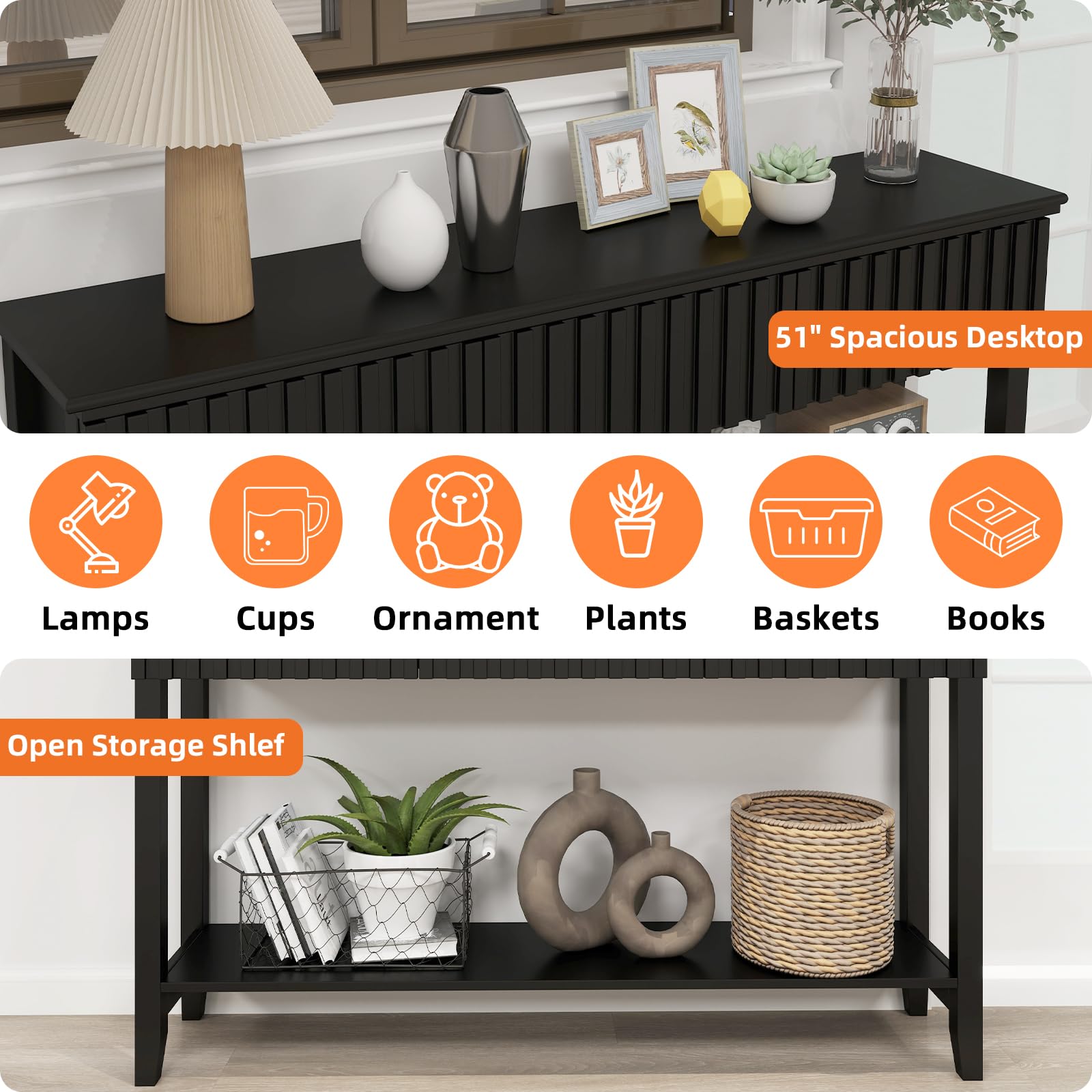 Modern Fluted Wood Console Table with 3 Drawers & Open Shelf - Narrow Sofa Table Behind Couch, Entryway Table for Living Room, Foyer & Hallway - Black (1 Tier) | Perfect for Small Spaces & Home Decor