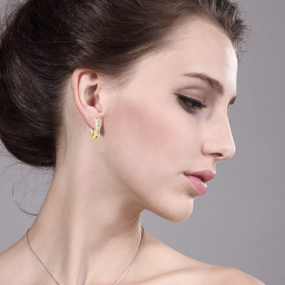 10K Yellow Gold Women's Baguette Diamond Huggie Hoop Earrings (1/8 Cttw) - Elegant Everyday Jewelry for Work & Special Occasions