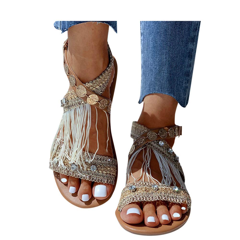 Women's Platform Sandals - Boho Cross Summer Flat Shoes with Beaded Design | Casual Beach & Vacation Slippers | Perfect for Summer Outfits, Beach Walks, and Music Festivals