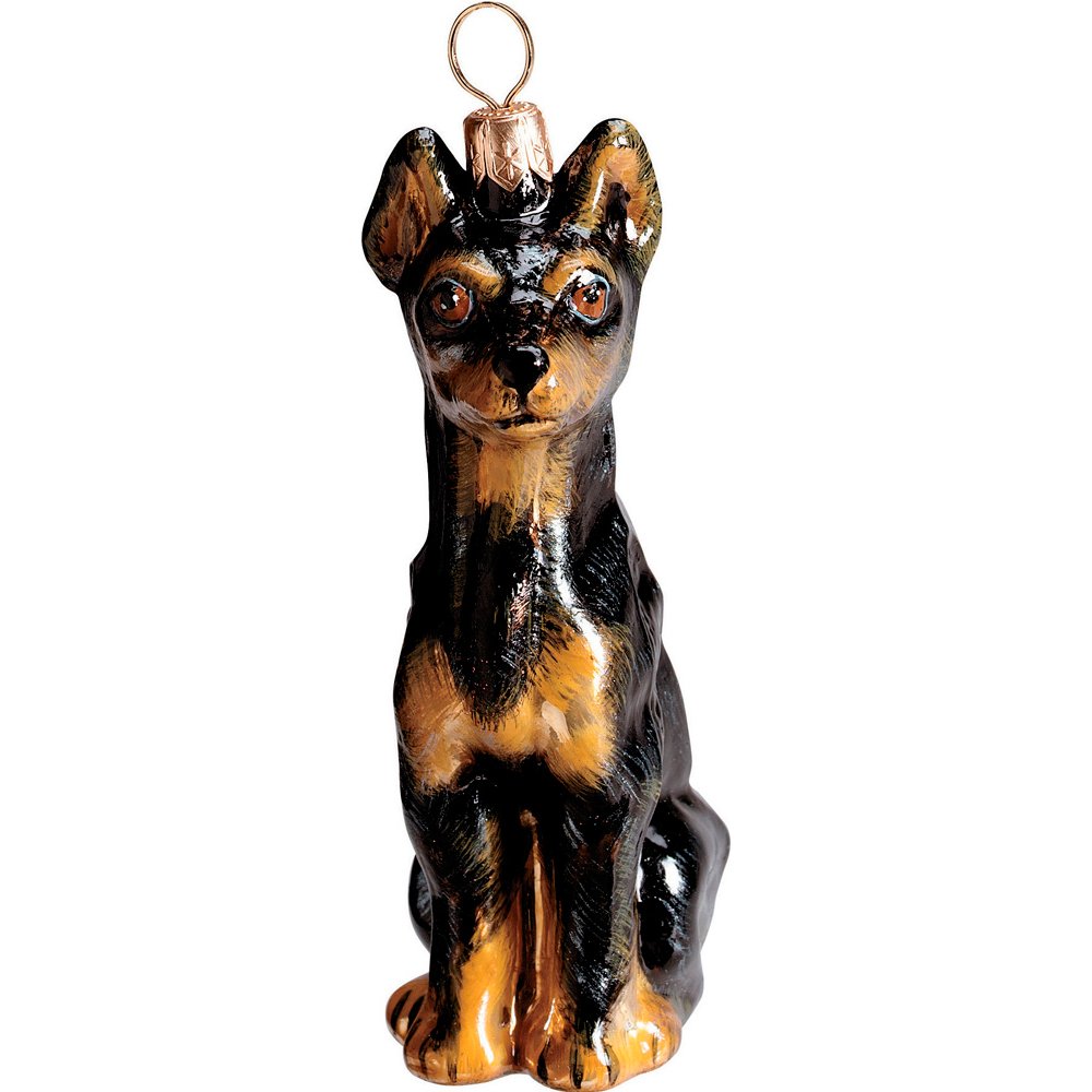 Joy to the World Miniature Pinscher Black Sitting Dog Polish Glass Christmas Ornament - Handmade Holiday Tree Decoration for Xmas, Winter Festival & Home Decor