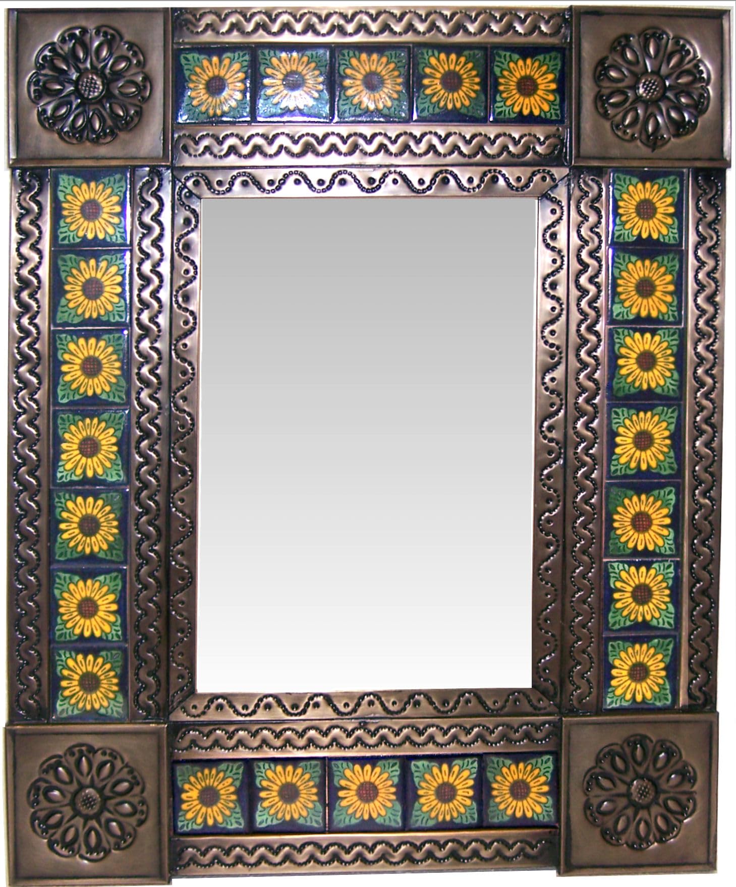 Handmade Talavera Sunflower Tile Tin Mirror - Mexican Folk Art Wall Decor for Bathroom, Kitchen, or Outdoor Patio