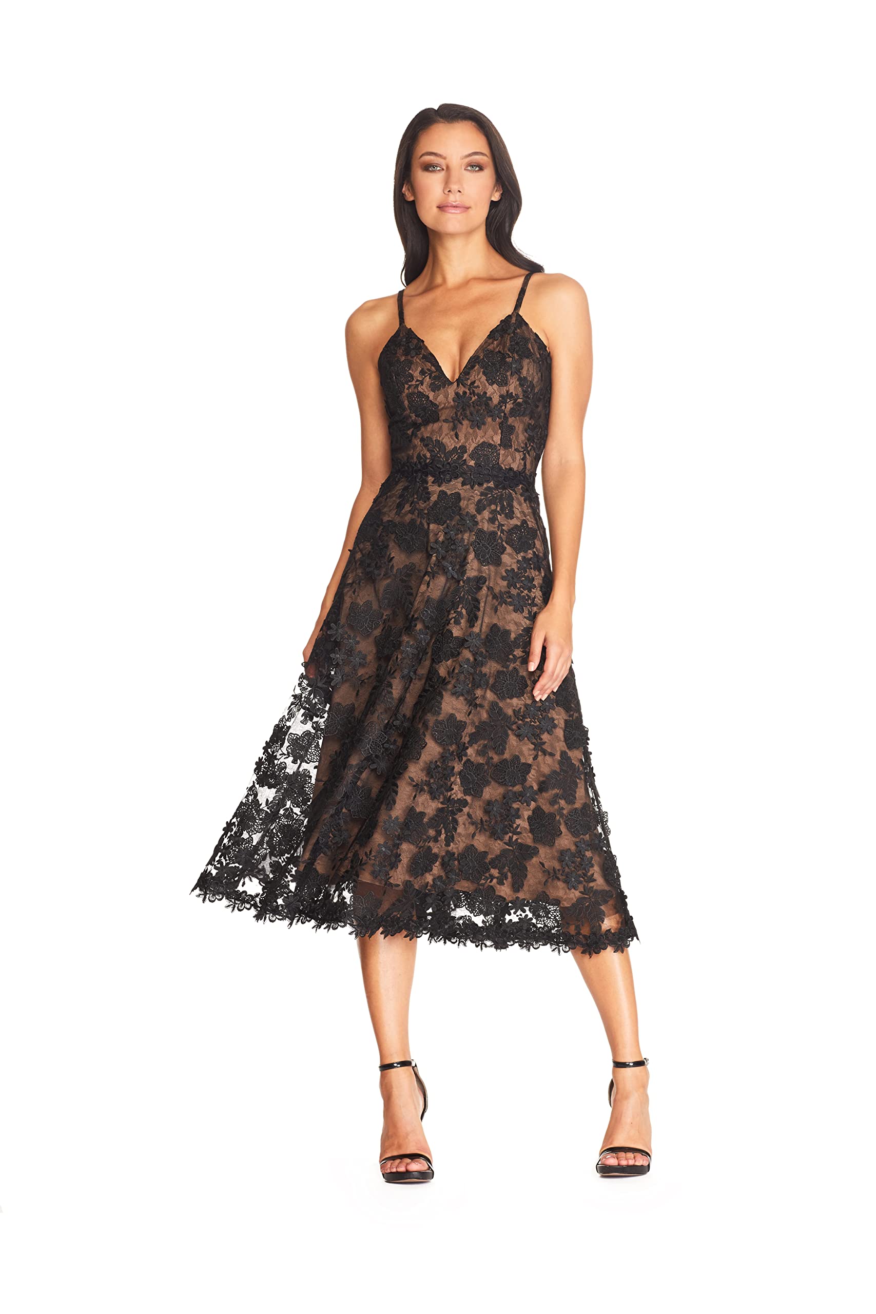 Dress the Population Women's Tahani Plunge Neckline Fit & Flare Midi Dress - Elegant Cocktail & Party Wear for Weddings & Special Occasions