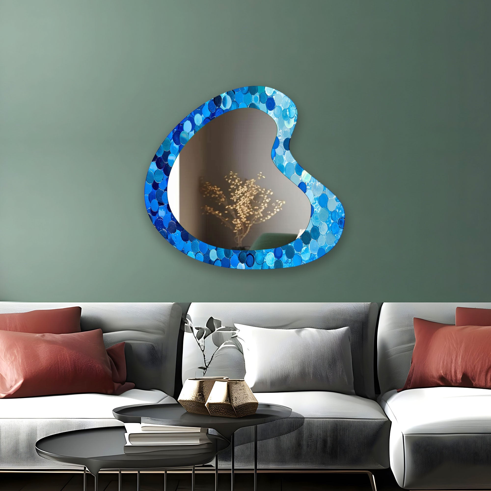 Blue Bubbles Decorative Glass Wall Mirror - Elegant Round Bathroom Vanity Mirror for Bedroom & Living Room Decor