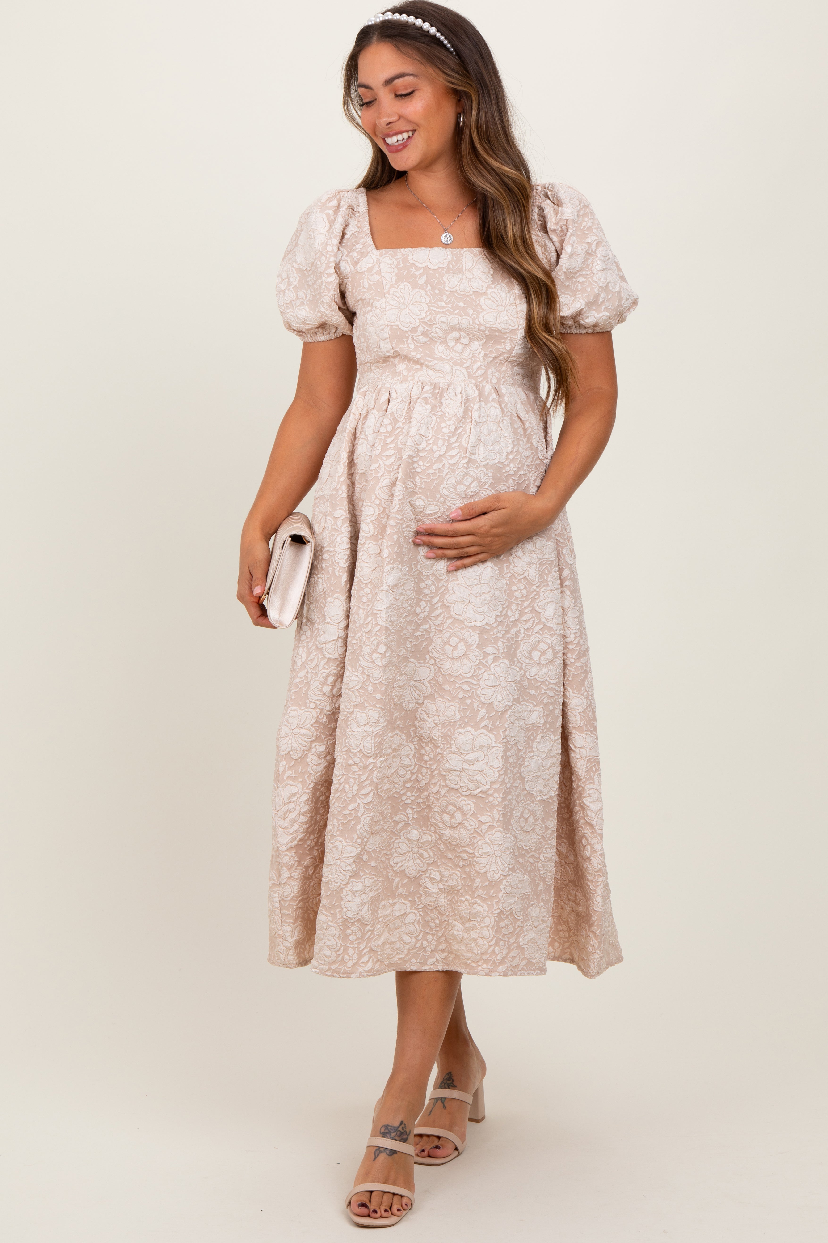 Beige Floral Jacquard Knit Puff Sleeves Maternity Midi Dress for Pregnancy Photos, Baby Shower & Special Occasions