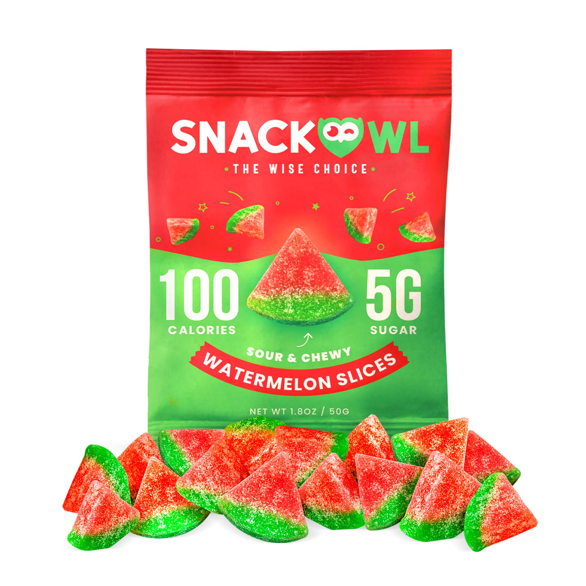 Snack Owl Vegan Sour Gummy Candy - Gluten Free, Low Calorie Healthy Snacks - Watermelon Slices - Perfect for Vegan Diets, Weight Loss & On-the-Go Snacking