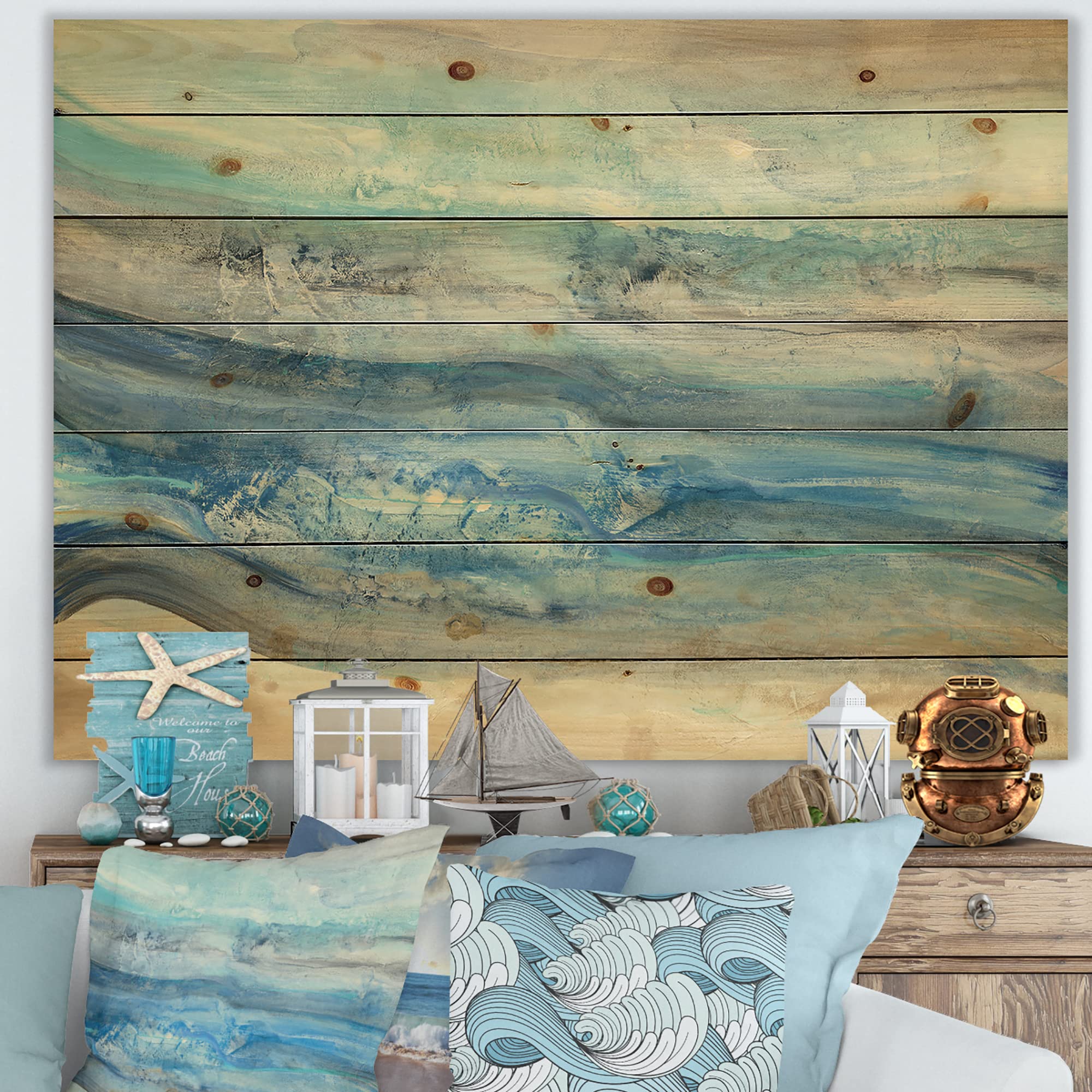 Nautical Coastal Wood Wall Art - Ocean Waves & Mineral Blue Wood Decor, Large Beach-Themed Pine Wood Panels for Living Room, Bedroom, or Beach House Decor