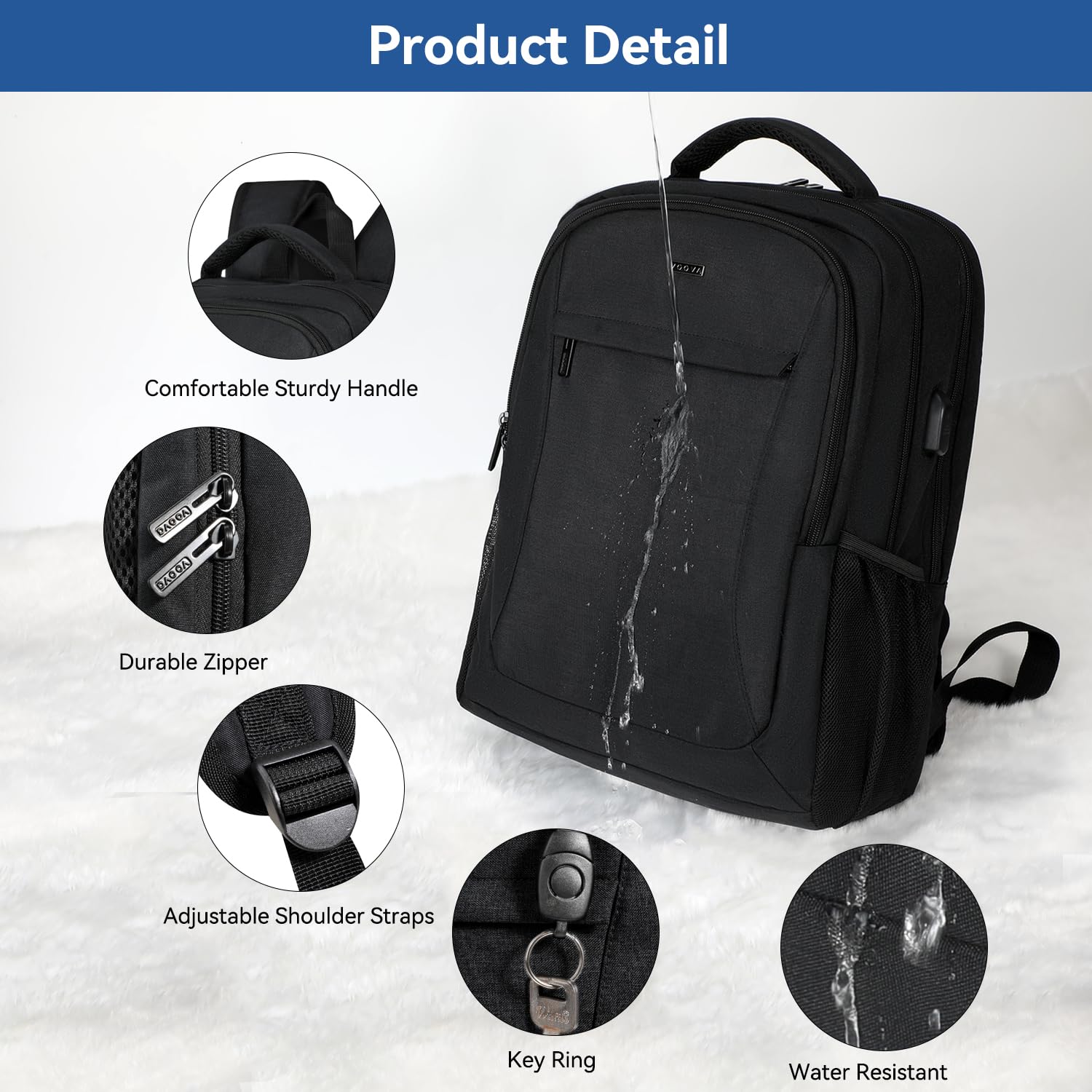 Voova Travel Laptop Backpack for Women & Men - USB Charging Port, Waterproof & Slim Design, Fits 15.6 Inch Laptops - Durable Business Work & College Computer Bag (Black) - Perfect for Commuting, Business Trips & School Use