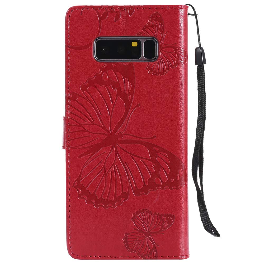 Samsung Galaxy Note 8 Case - Butterfly Embossed Magnetic Clasp Wallet Cover with Hand Strap | Slim Protective Phone Case for Women | Perfect for Work, Travel & Everyday Use (Red)