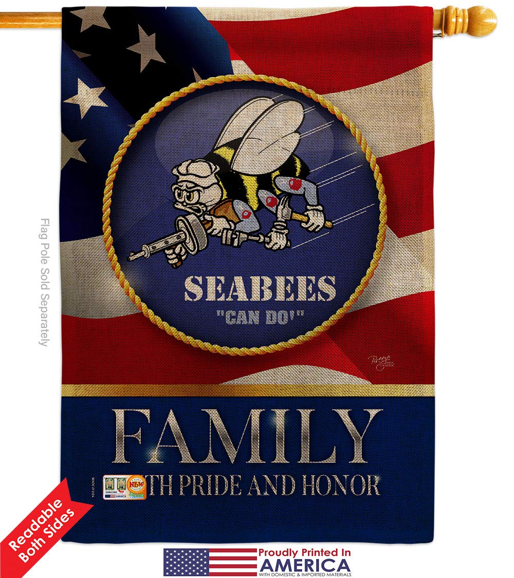 US Seabees Family Honor Burlap Garden House Flags Kit - Double-Sided 28x40 Inch Armed Forces Navy USN Veteran Yard Banner - Made in USA - Perfect for Military Appreciation, Patriotic Home Decor & Veteran Gifts