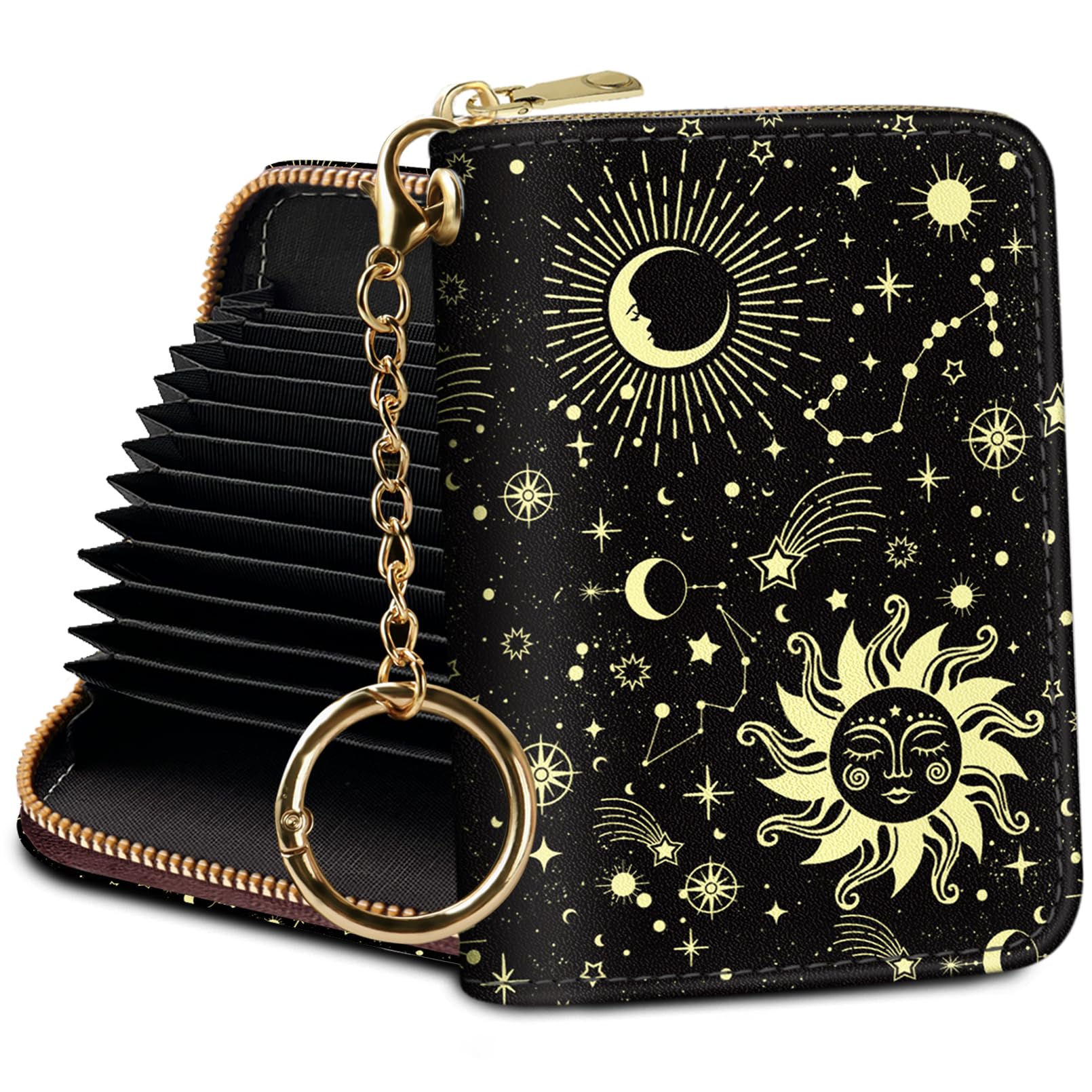 RFID Blocking Leather Credit Card Holder Wallet for Women - Compact Zipper Keychain Design with Funny Print, Accordion Style for Multiple Cards - Perfect for Travel, Shopping & Everyday Use