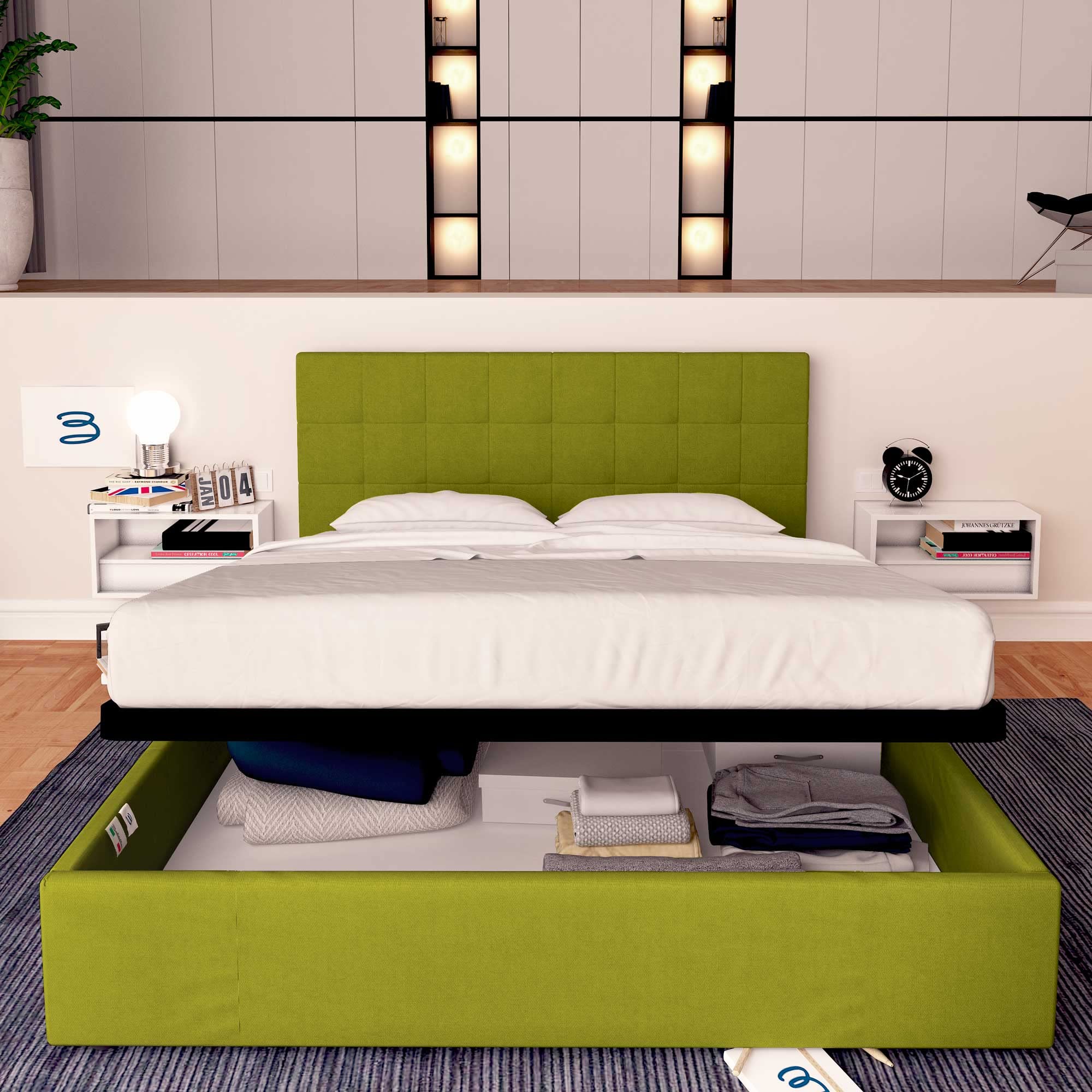 Baldiflex Dublin Fabric Double Bed Frame with Slatted Base and Storage, 180x200cm, Elegant Green Headboard - Perfect for Guest Rooms, Small Apartments & Modern Bedrooms