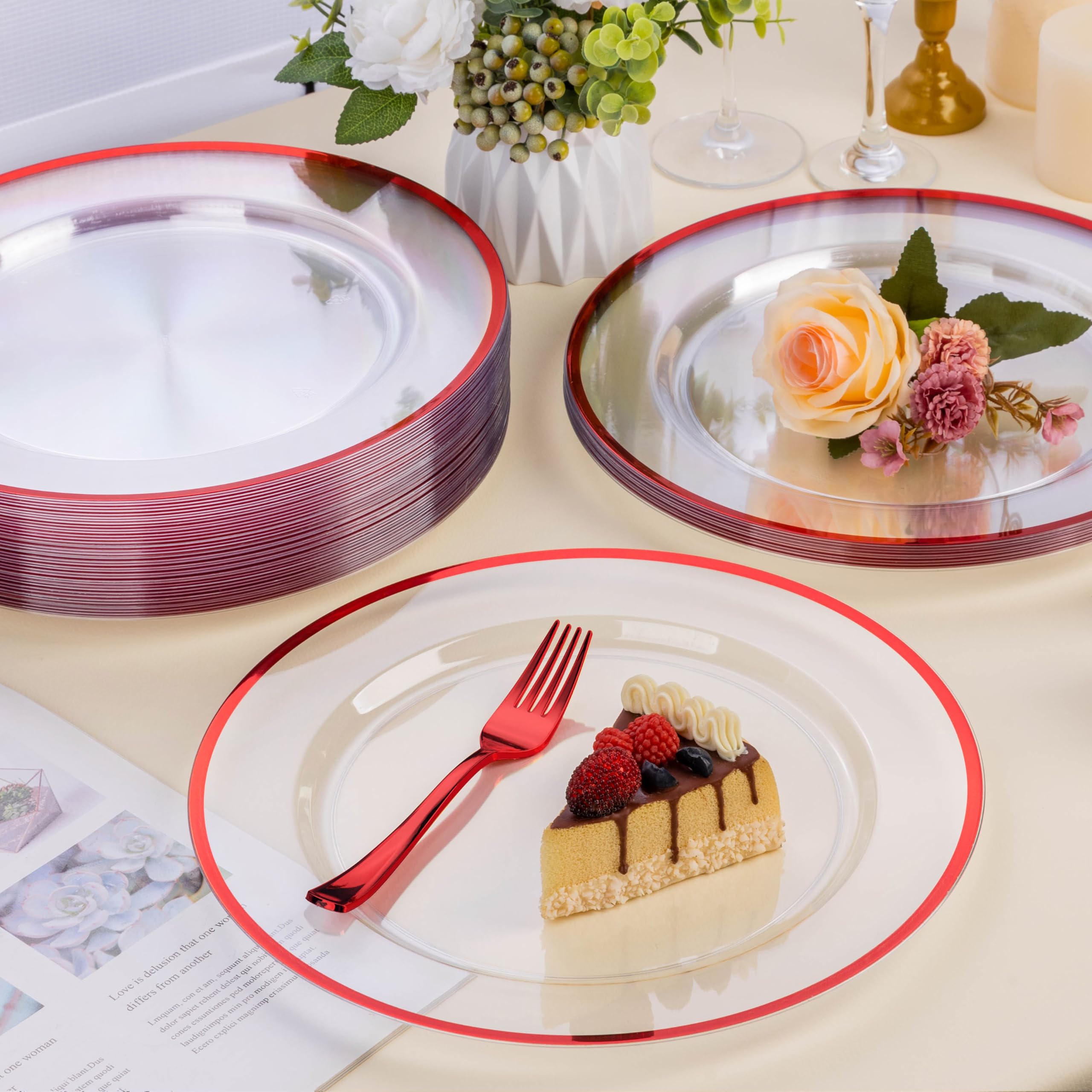 12 Inch Disposable Plastic Charger Plates - 15 Pack Clear Dinner Plates with Elegant Red Rim - Perfect for Weddings, Parties, Banquets & Formal Dining Events - Elegant Table Decor for Special Occasions