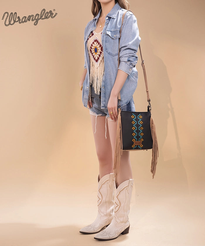 Wrangler Aztec Embroidered Fringe Crossbody Bag for Women - Boho Chic Handbag Perfect for Music Festivals & Everyday Use