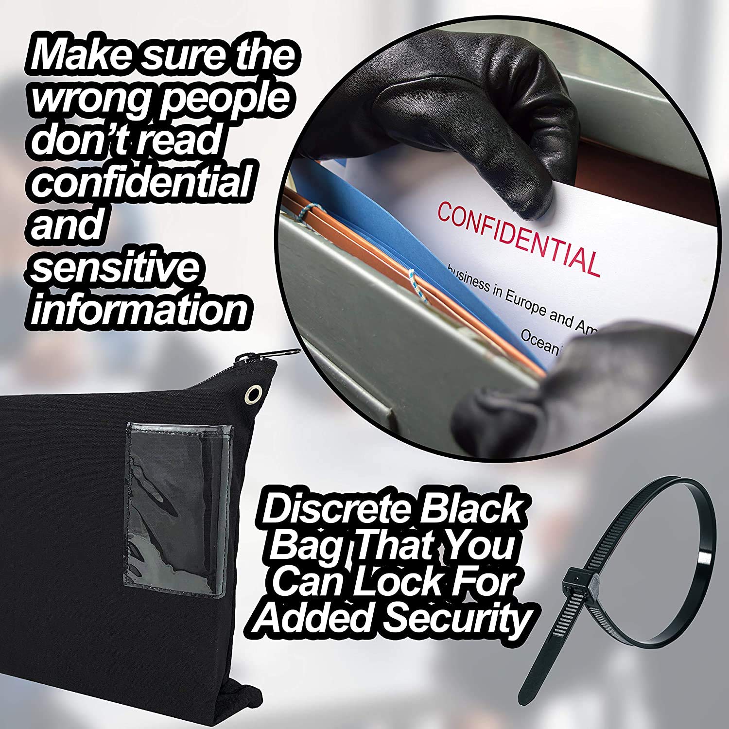 Extra Large Durable Black Canvas Zipper Bank Bag with ID Window - Interoffice Mailer Transit Sack (18