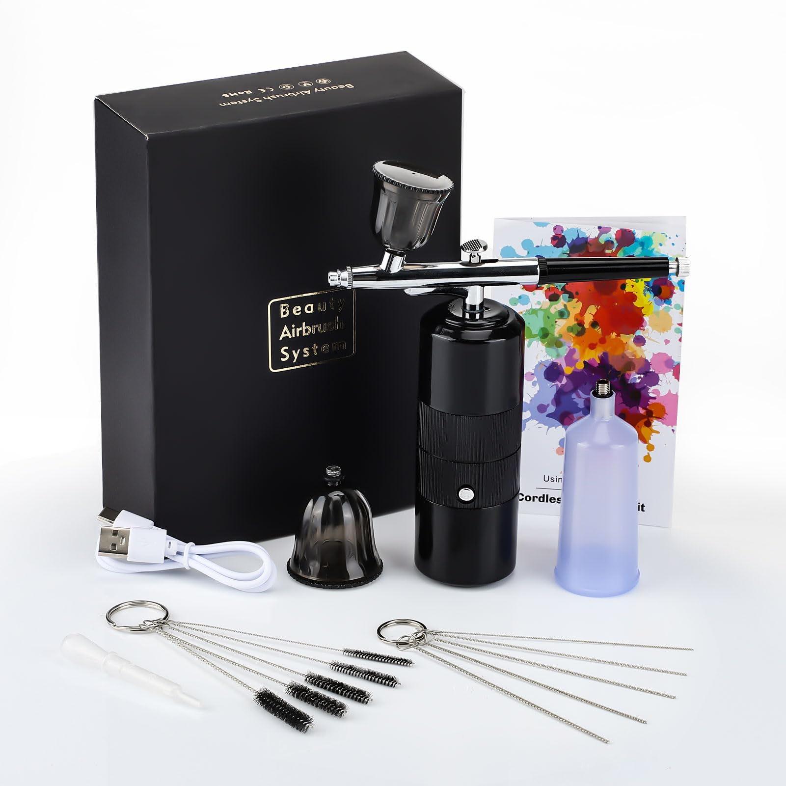 Professional Cordless Airbrush Kit with Air Compressor - Portable Nail Art & Cake Decorating Airbrush Gun, Food Safe Aerografo for Makeup, DIY Crafts & Home Baking - Perfect for Salon, Home Use & Professional Artists (Black)
