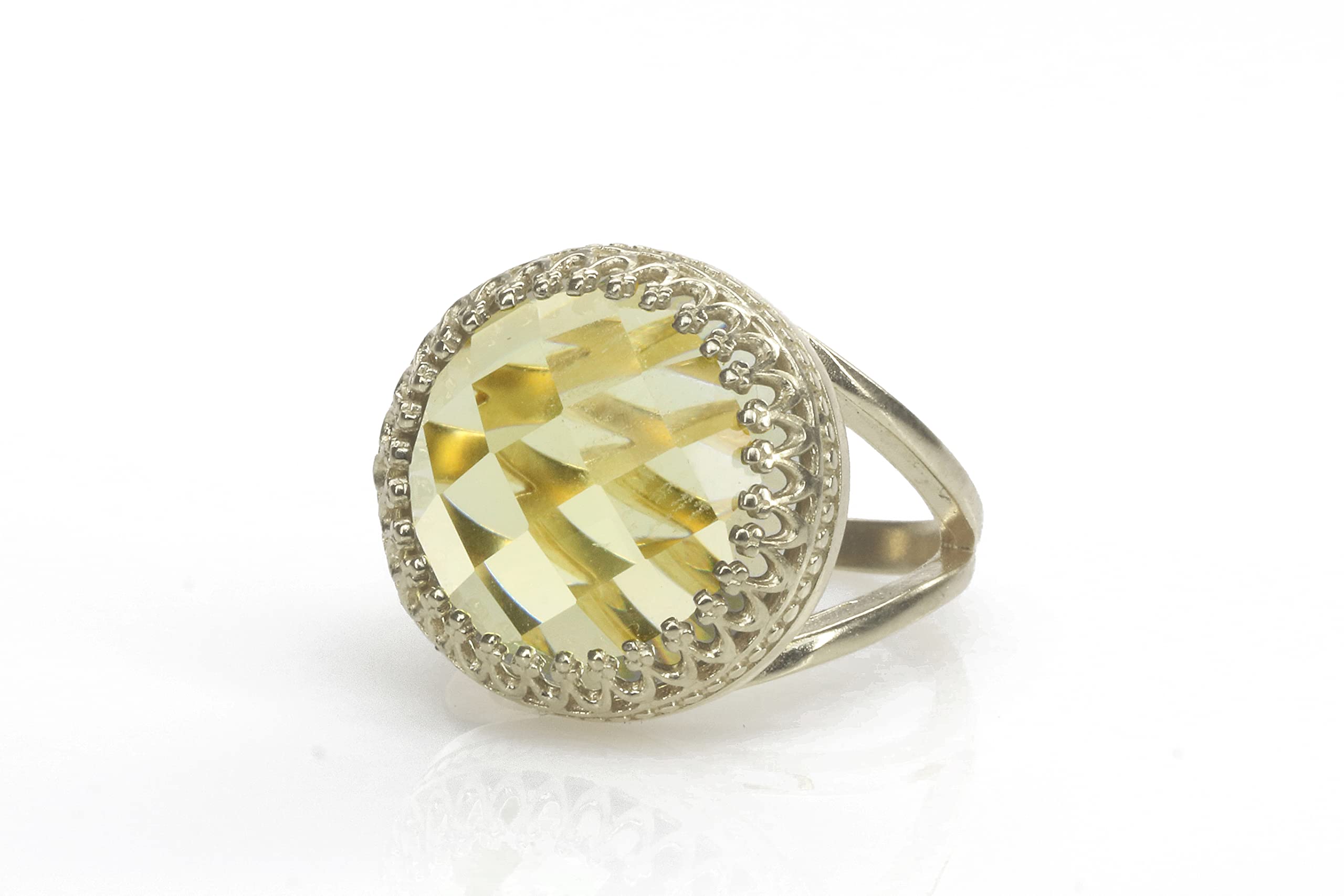 Anemone Sterling Silver Ring for Women - Handmade Round Lemon Quartz Engagement & Bridal Ring - Vintage Style Jewelry with Gift Box - Perfect for Weddings, Anniversaries & Special Occasions