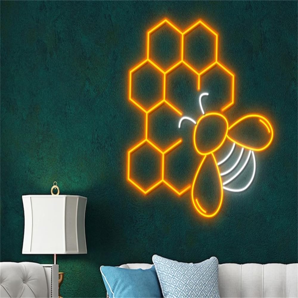 Honey Bee LED Neon Sign - Vibrant Honeycomb Wall Art for Bedroom, Bar & Cafe Decor - Perfect Beekeeper Gift & Unique Home Lighting (43x32.51cm) - Ideal for Birthday Presents, Wedding Decor & Apartment Aesthetics