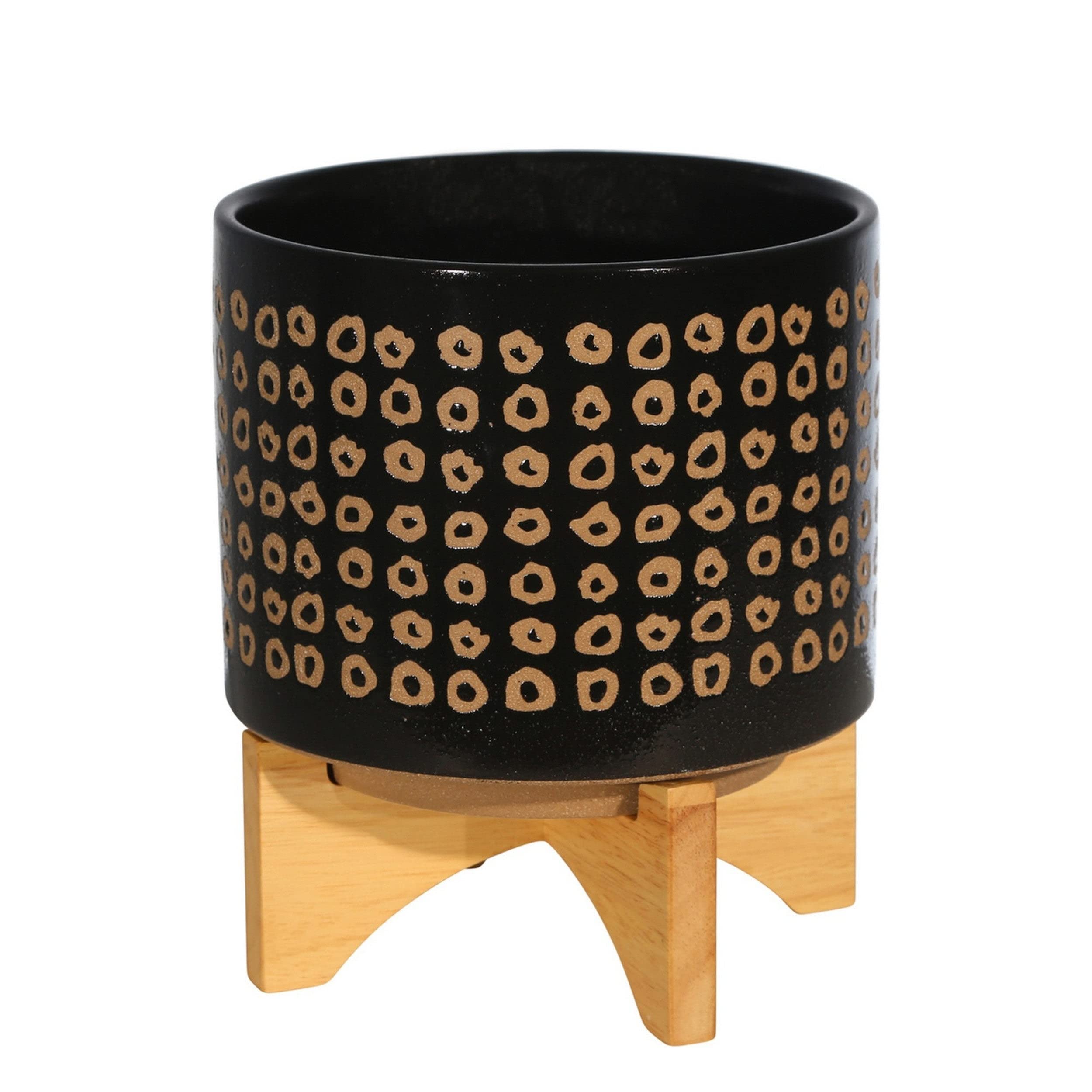 Modern Black Ceramic Planter with Wooden Stand - Abstract Design Round Flower Pot for Home, Office & Garden Decor | Indoor & Outdoor Plant Container