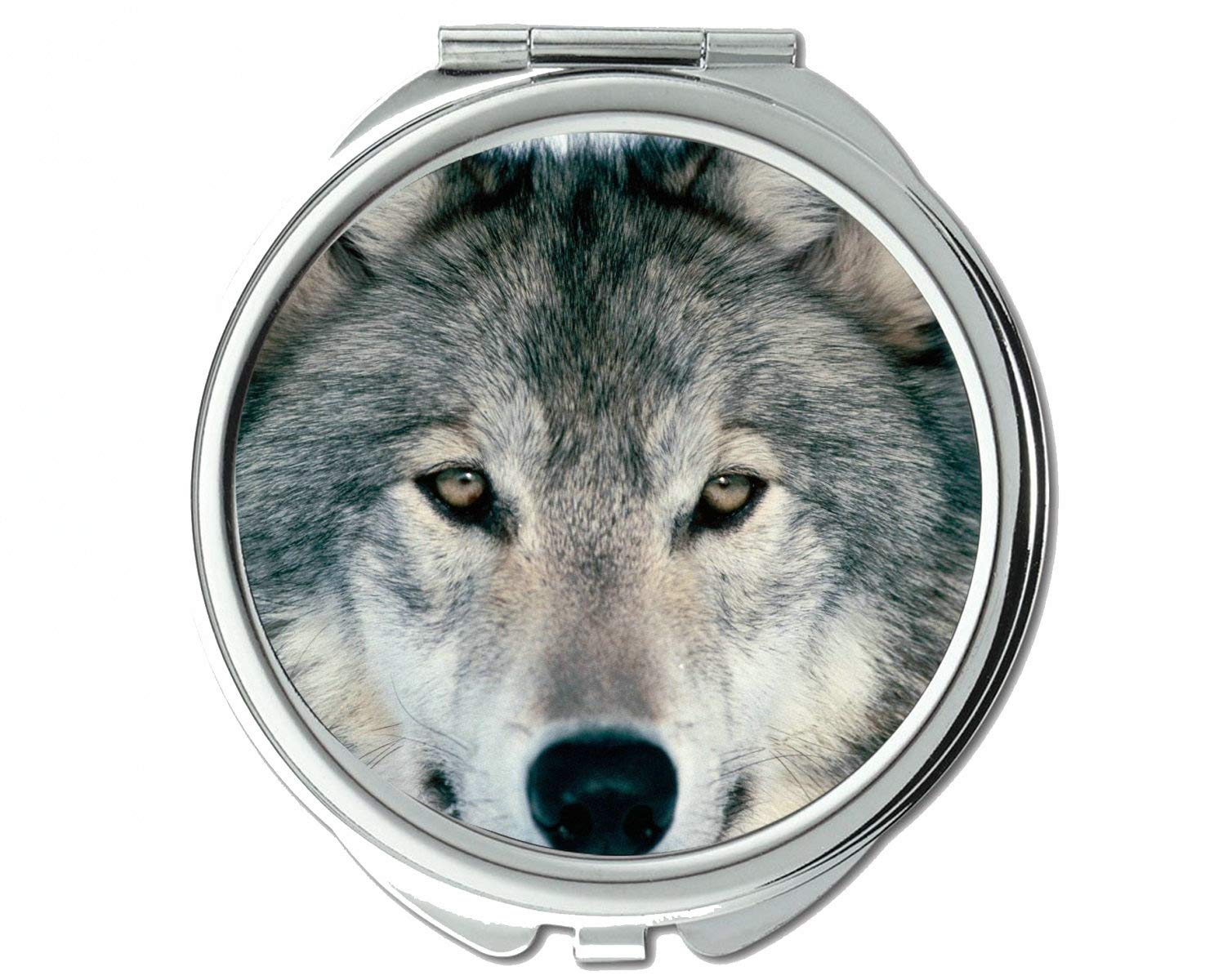 Round Wolf Animal Pocket Mirror with 1X & 2X Magnification - Perfect for Makeup, Travel, and Emergency Kits