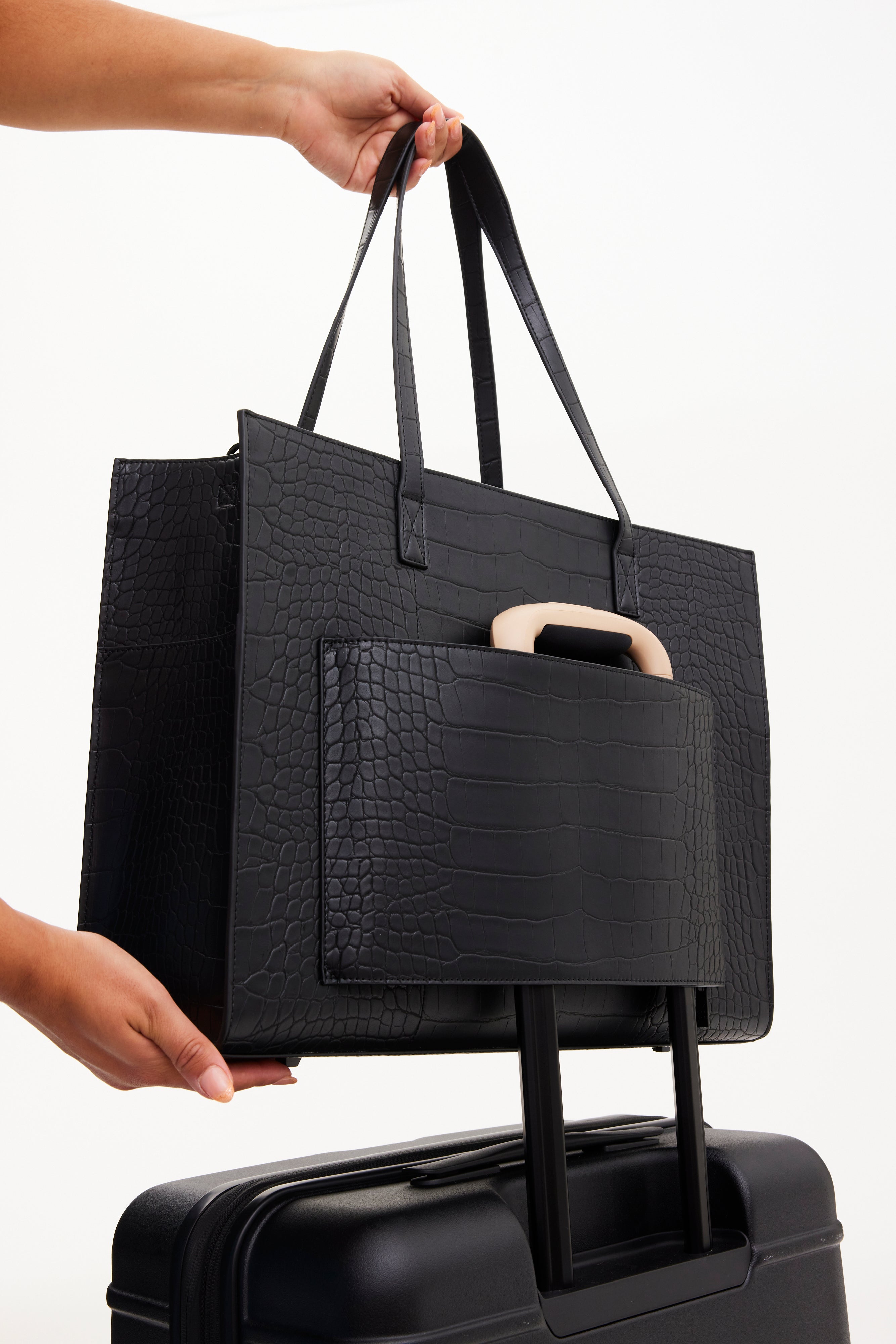 Premium Large Work Tote Bag in Black Crocodile Embossed Leather - Professional Office Commuter & Business Travel Essential