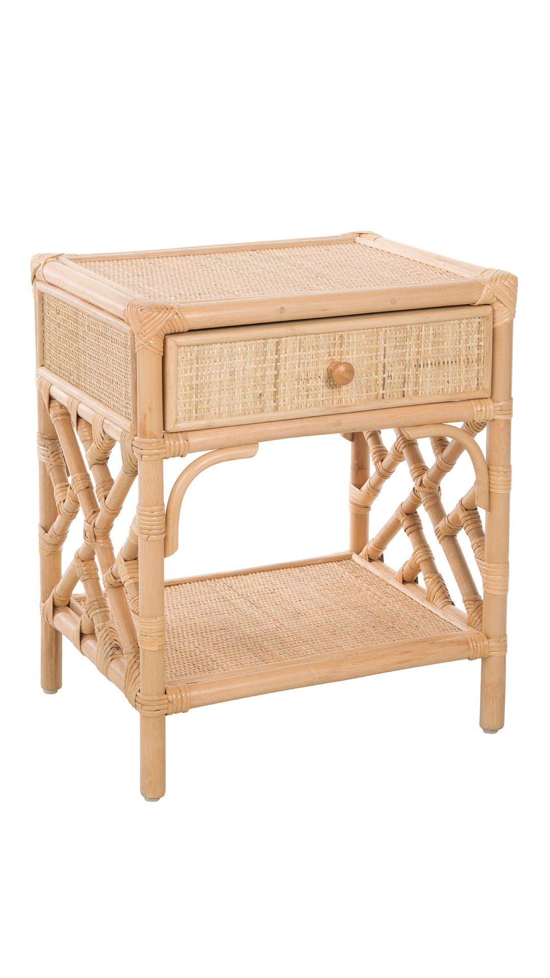 Kouboo Rattan Nightstand with Drawer - Chippendale Design Bedside Table for Bedroom & Living Room | Boho Mid-Century Modern Accent Table with Storage, Light Brown - Perfect for Small Spaces, Guest Rooms & Cozy Home Decor