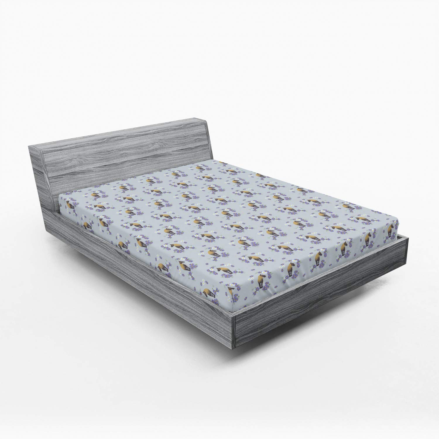 Ambesonne Horse Print Fitted Sheet - Queen Size Deep Pocket Bed Sheet with Floral Details, All-Around Elastic for Secure Fit, Lavender Blue Tan - Perfect for Equestrian Themed Bedrooms, Guest Rooms & Animal Lover Home Decor