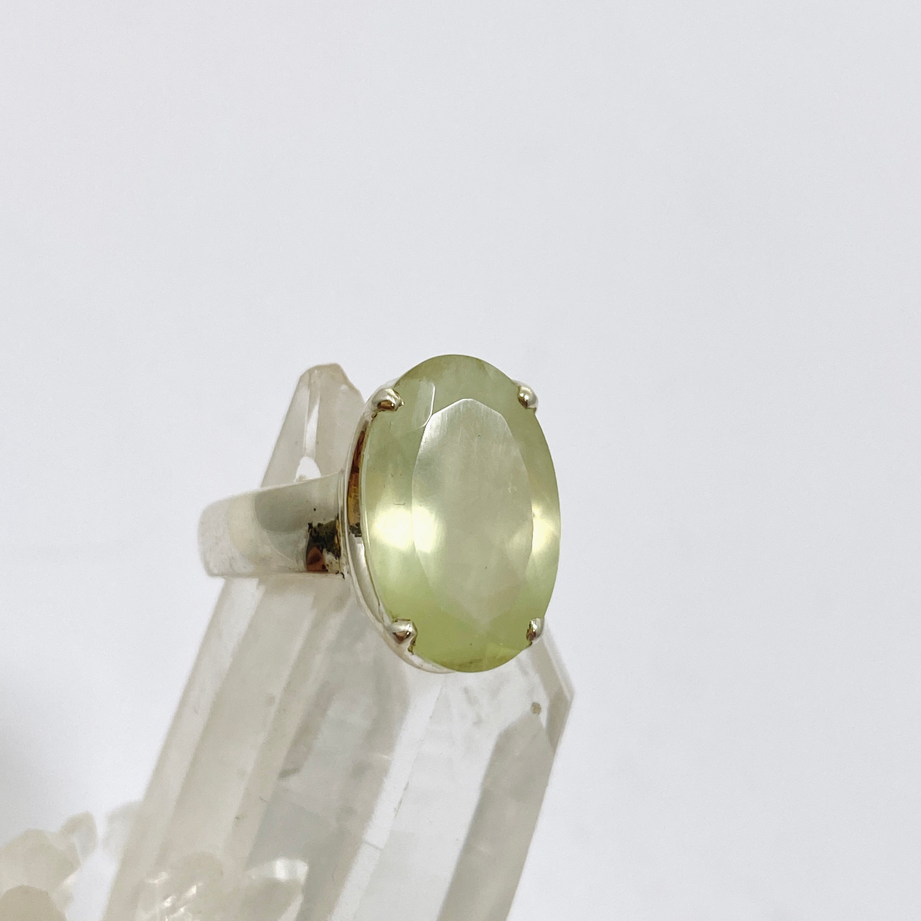 Prehnite Oval Faceted Ring Size 7 - Dainty Gemstone Jewelry for Women - Perfect for Weddings, Anniversaries & Everyday Elegance