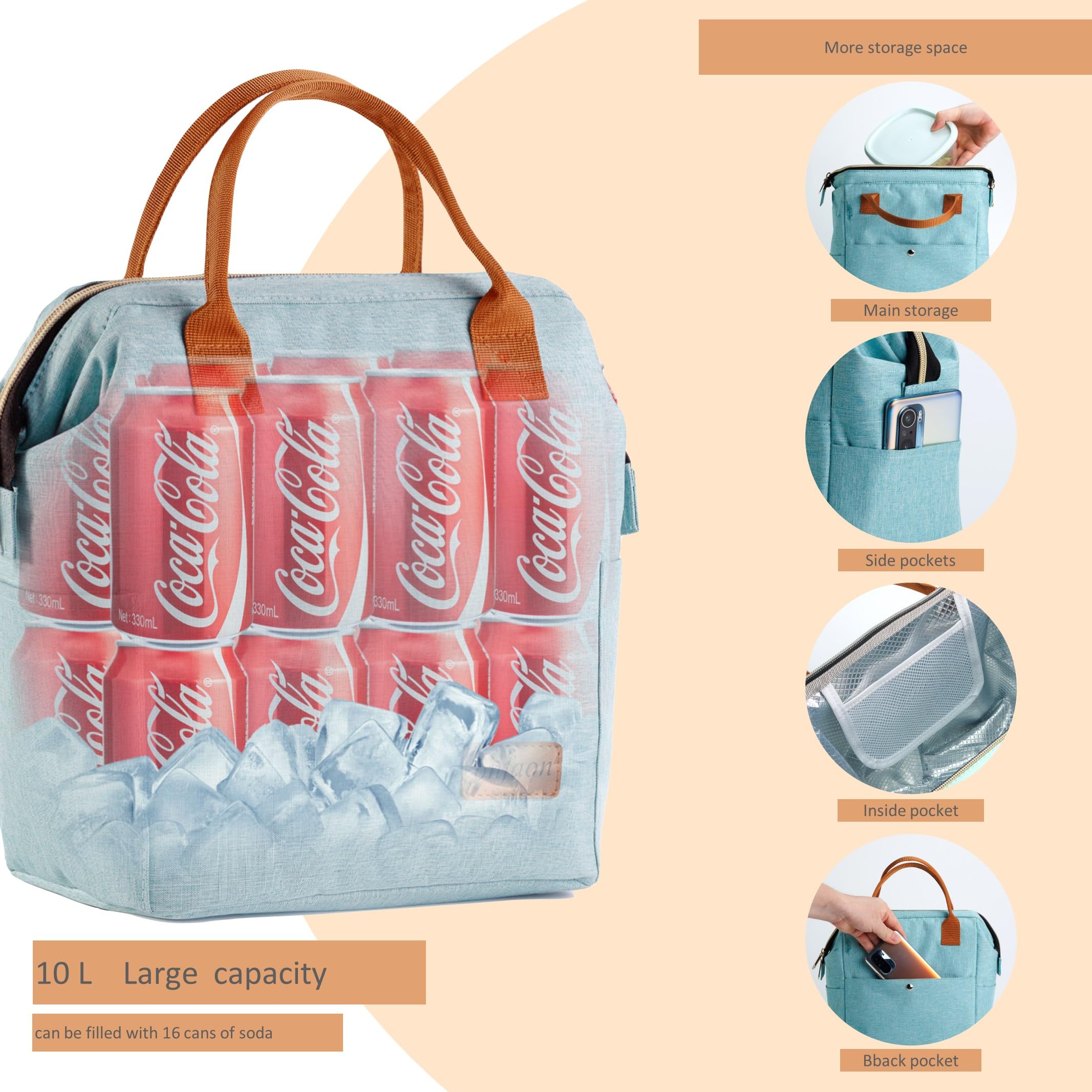 Insulated Reusable Lunch Bag for Women - Leakproof Cooler Tote with Adjustable Shoulder Strap, Freezable Lunch Box for Work, Office, Beach, Picnic & Outdoor Activities (Cyan Blue)
