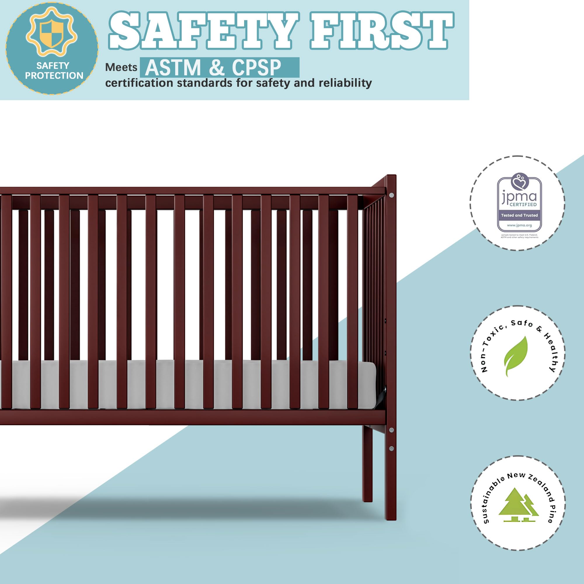 5-in-1 Convertible Baby Crib to Toddler Bed - Sustainable Natural Pinewood, Non-Toxic Finish, Full Size Nursery Furniture (Espresso) - Perfect for Small Spaces & Growing Babies