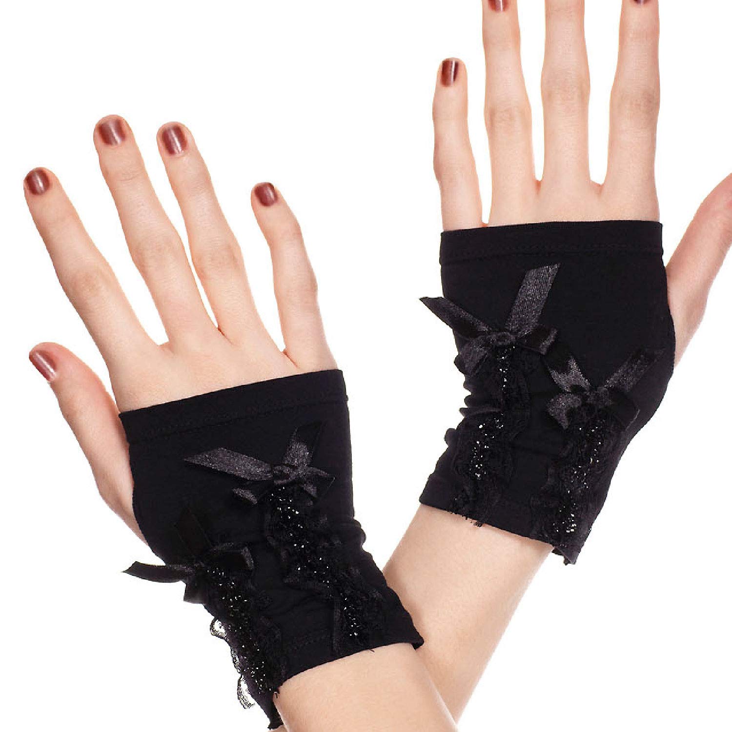 Women's Fingerless Gloves with Ribbon - Stylish Music-Themed Arm Warmers for Piano, Violin & Cold Weather
