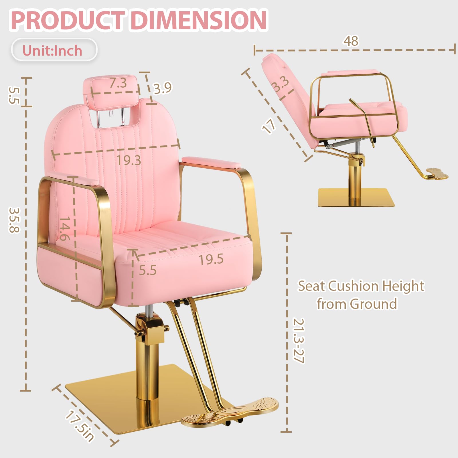 Pink Beauty Salon Chair for Hair Stylists & Barbers - Hydraulic Reclining Styling Chair with 130° Adjustable Backrest - Perfect for Home Barbershops, Hair Braiding & Professional Styling