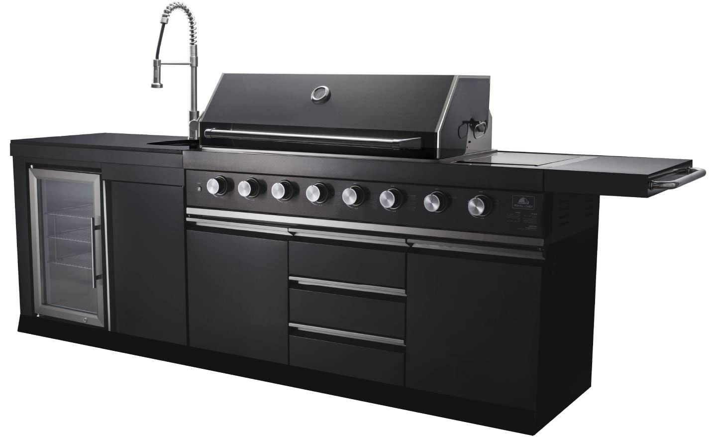 2-Piece Black Stainless Steel Outdoor BBQ Grill Island with Refrigerator, Sink & Faucet - Complete Kitchen Setup for Backyard, Patio & Garden Parties