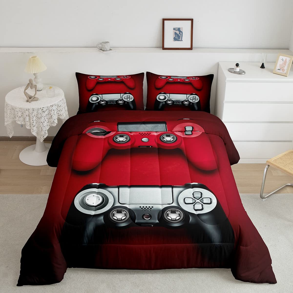 Feelyou Gaming Bedding Set - Red Video Game Controller Printed Twin Size Comforter & Pillowcase Set for Teen Boys - Soft Duvet Cover for Gaming Room Decor & Sleepovers (Black)