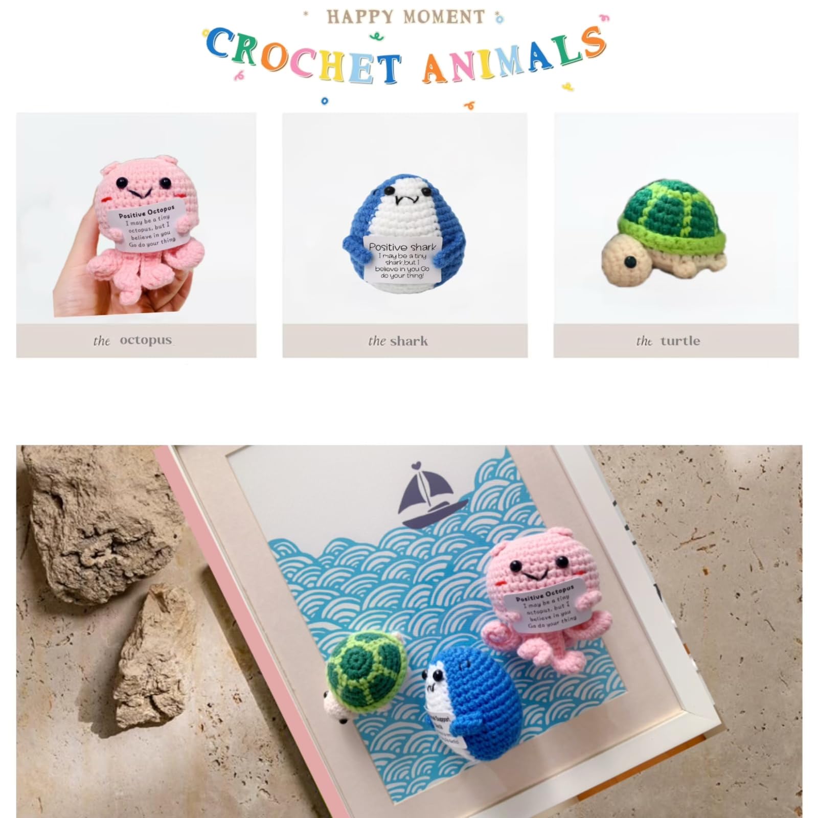 Handmade Crochet Animal Plush Set - Shark, Turtle, Octopus with Pocket Hug Token & Greeting Card | Cute Knitted Dolls for Birthday, Valentine's Day Gifts | Emotional Support Gift for Women, Men, Friends | Perfect for Home Decor, Nursery Room, Stress Relief & Special Occasions