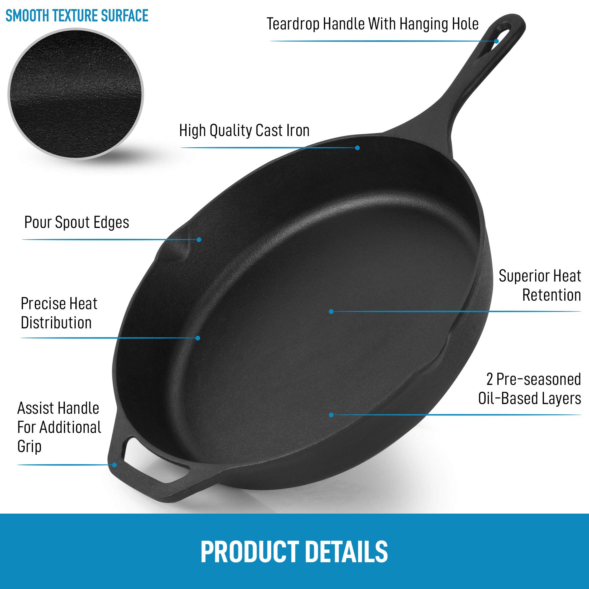 Zulay Kitchen 12 Inch Pre-Seasoned Cast Iron Skillet - Heavy Duty Oven Safe Skillet for Stovetop, Grill, Induction & Campfire Cooking - Perfect for Searing Steaks, Baking Pizza & Outdoor Camping Meals