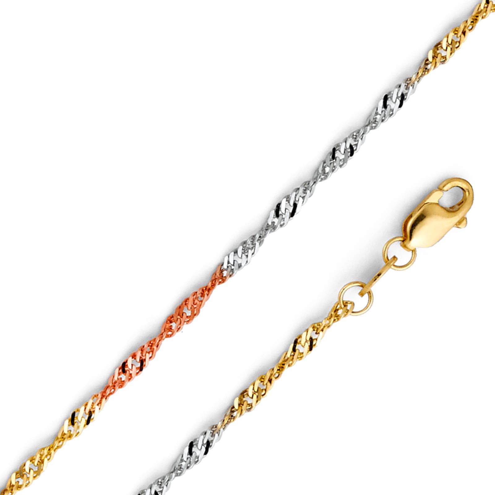 14K Yellow, White & Tri-Color Gold Chain Necklace - 1.8mm Solid Singapore Style Chain for Men & Women with Lobster Clasp | Perfect for Everyday Wear, Gifts & Special Occasions