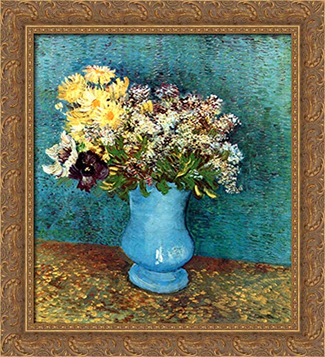 Vincent van Gogh Floral Vase Canvas Art - 20x22 Inch Gold Ornate Wood Framed Wall Decor with Lilac, Daisy & Anemone Flowers | Perfect for Living Room, Bedroom & Office Decor