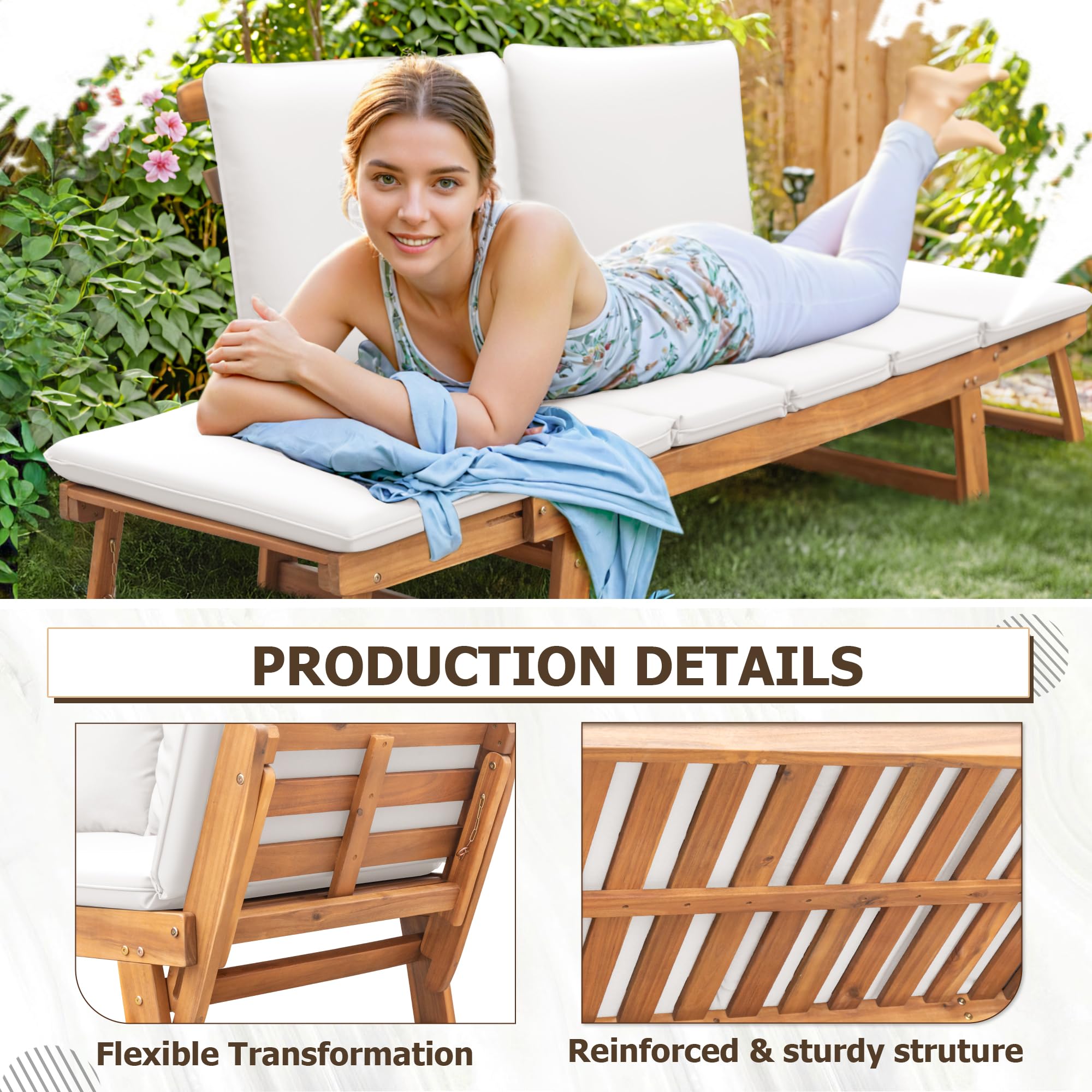 Devoko Outdoor Couch - Acacia Wood Patio Sofa with Adjustable Armrests & Removable Cushions, Convertible Lounge Furniture for Backyard, Porch, Poolside, Garden (White) - Perfect for Relaxing, Sunbathing & Outdoor Entertaining