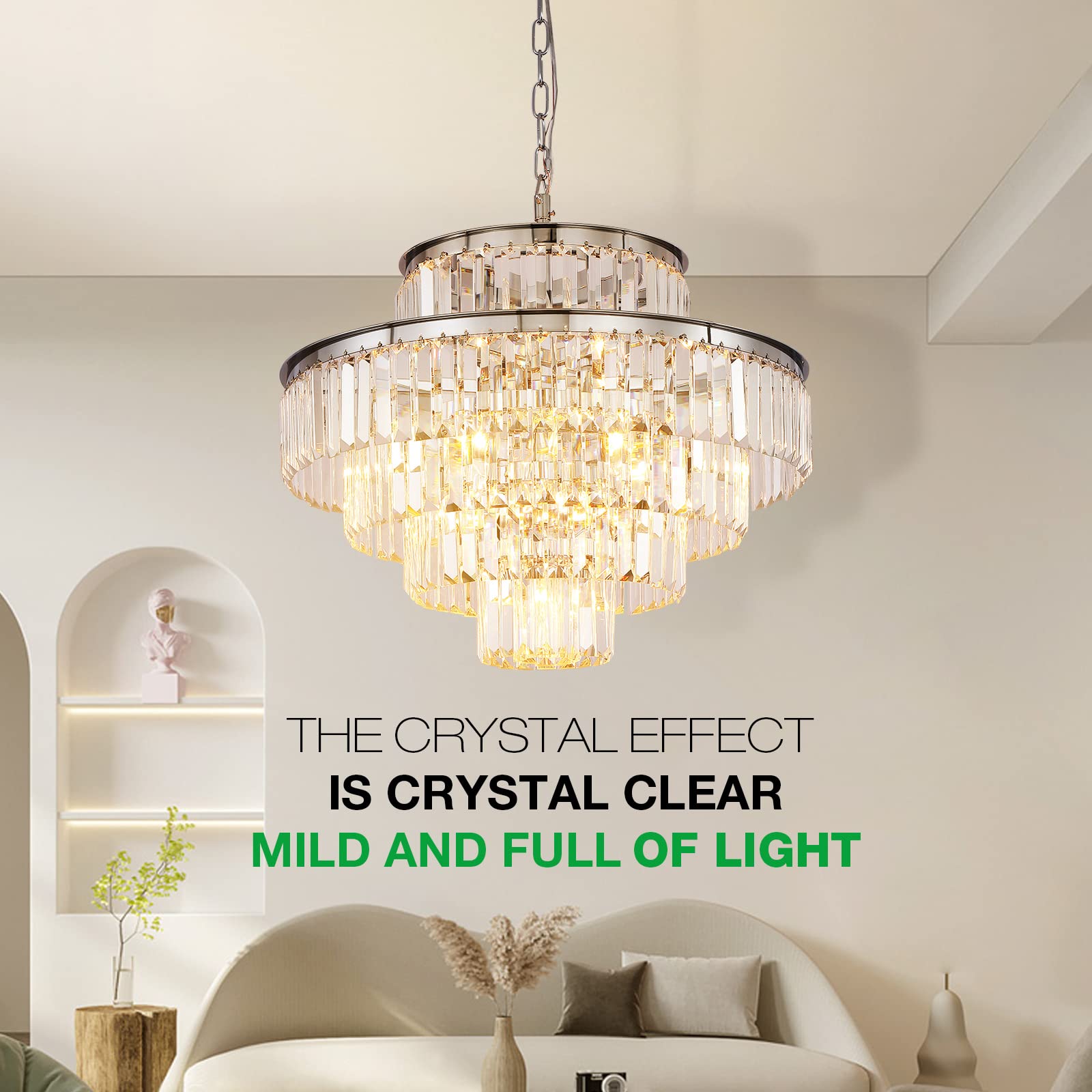 Modern Crystal Chandelier - 5-Tier Round Pendant Ceiling Light Fixture in Chrome (24 Inch) for Dining Room, Living Room, Bedroom & Entryway - Elegant Lighting for Home Decor & Special Occasions