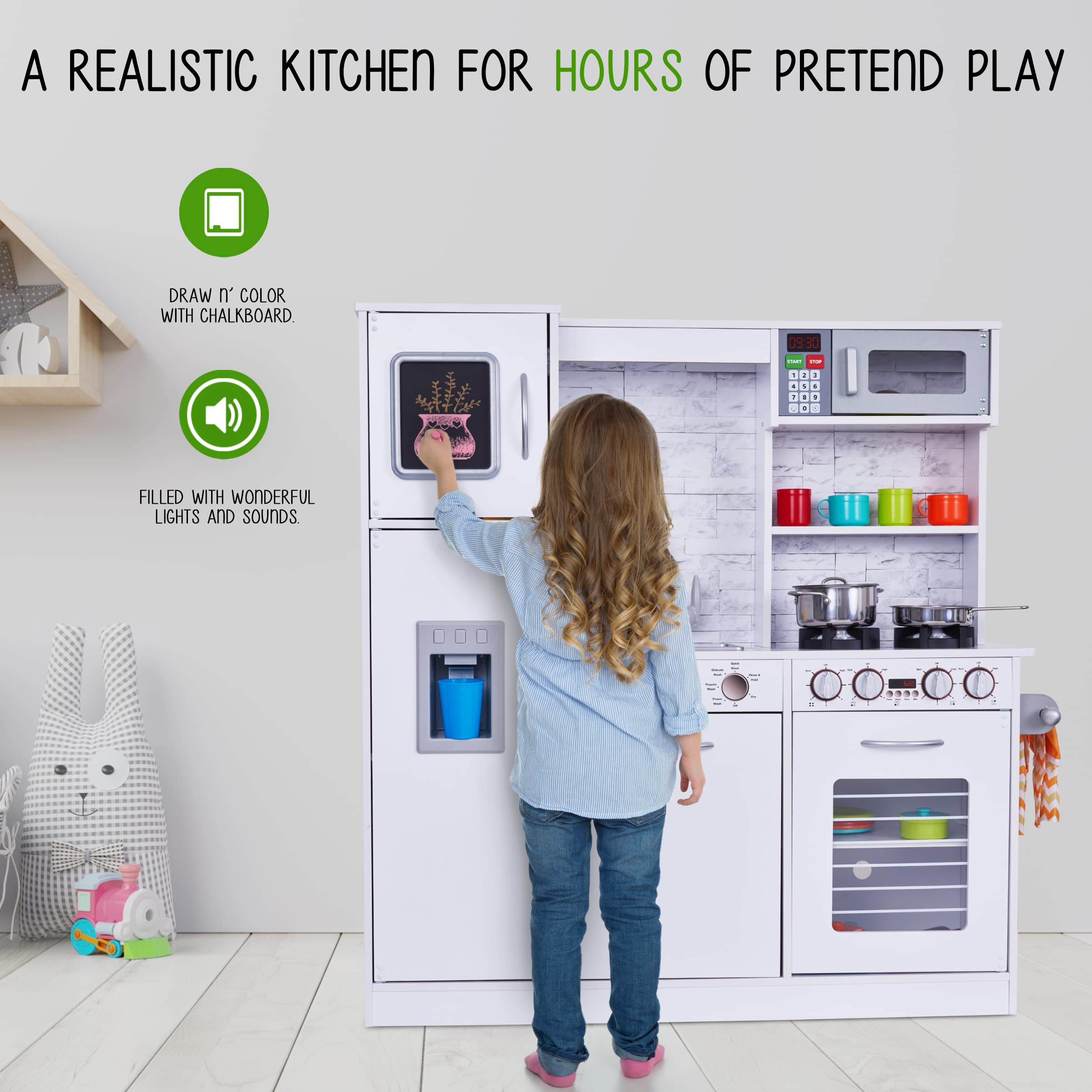 **Lil' Jumbl Kids Wooden Play Kitchen Set with Realistic Sounds & Lights - Pretend Cooking Toy with Battery-Operated Icemaker, Burners, Faucet & Microwave - Includes Pots & Pans - Perfect for Imaginative Play & Role-Playing Games (White)**