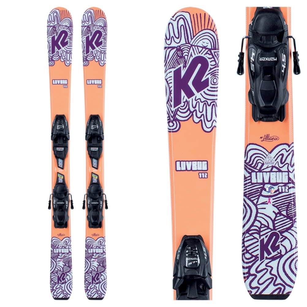 K2 Luv Bug Skis with FDT 7.0 Jr Bindings for Girls - 136cm (2021 Model) | Perfect for Junior Skiers Learning on Slopes & Family Ski Trips