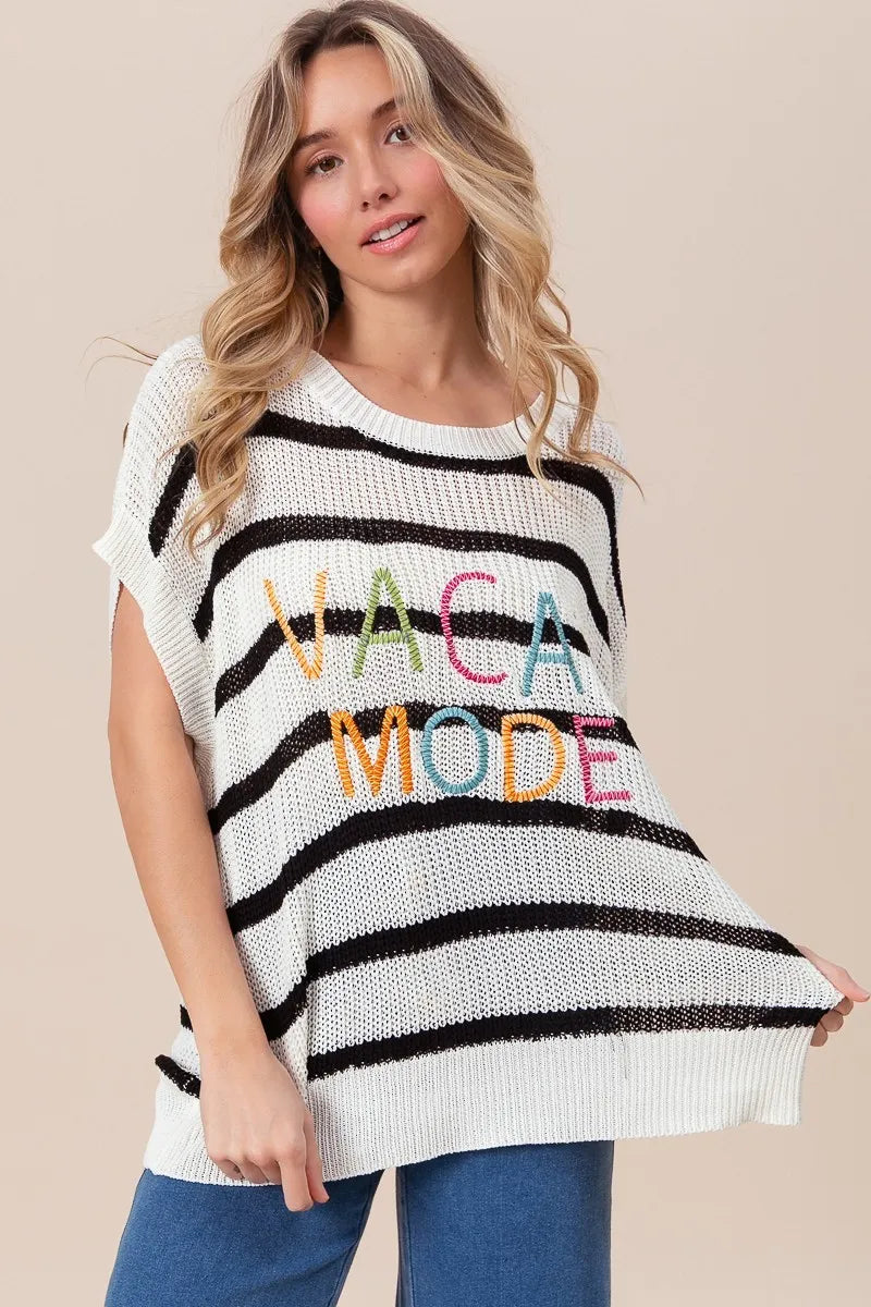 BiBi Vacay Mode Lettering Drop Shoulder Striped Sweater - Women's Casual Oversized Pullover for Beach Vacation, Travel & Cozy Fall Outfits